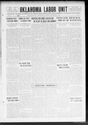 Primary view of object titled 'Oklahoma Labor Unit (Oklahoma City, Okla.), Vol. 6, No. 21, Ed. 1 Saturday, November 8, 1913'.