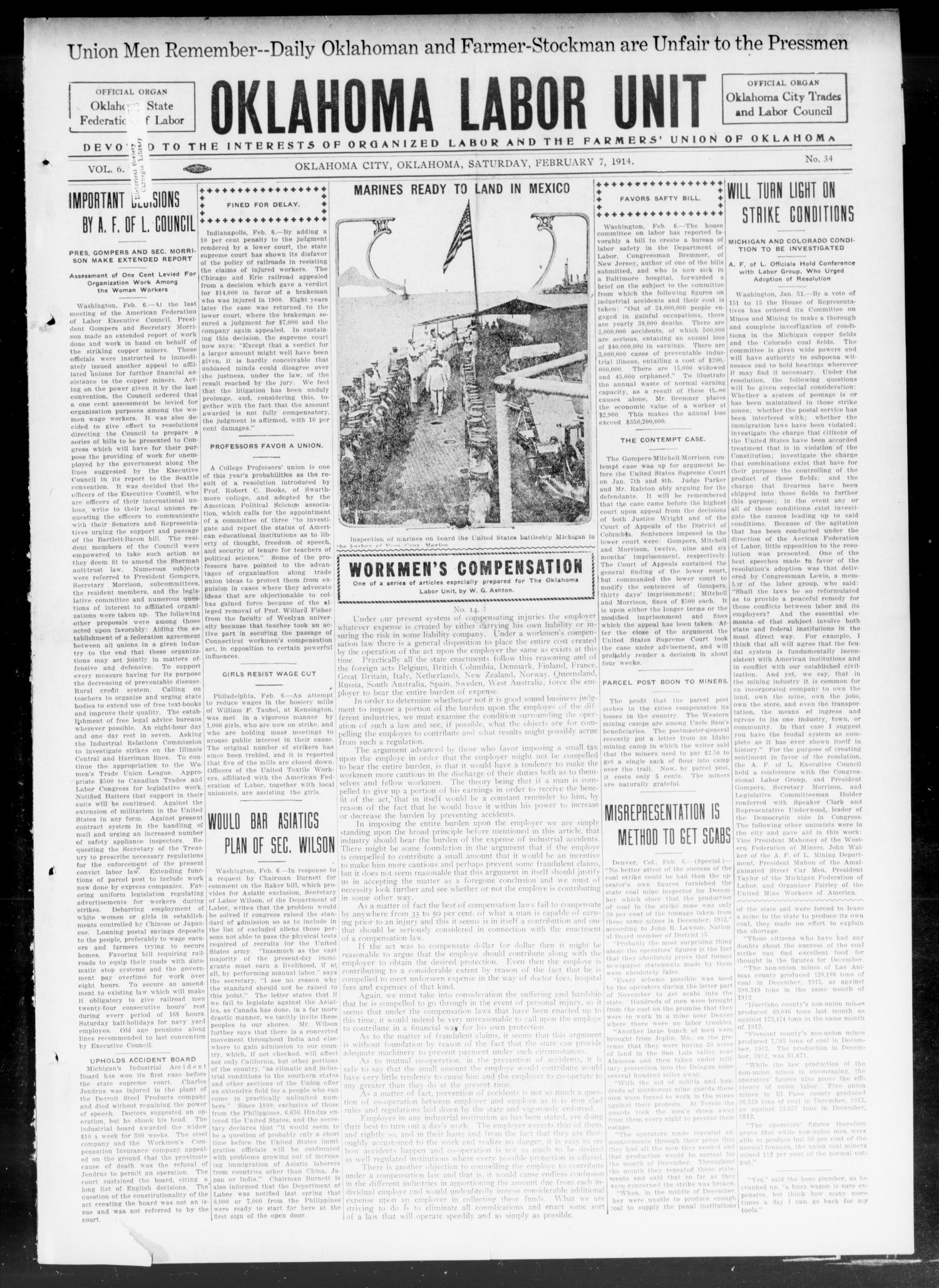 Oklahoma Labor Unit (Oklahoma City, Okla.), Vol. 6, No. 34, Ed. 1 Saturday, February 7, 1914
                                                
                                                    [Sequence #]: 1 of 8
                                                