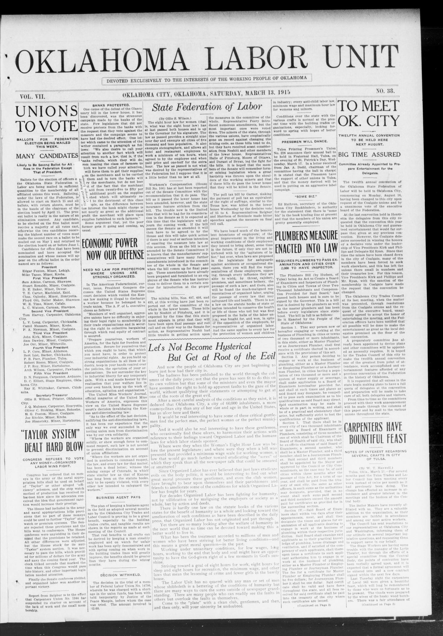 Oklahoma Labor Unit (Oklahoma City, Okla.), Vol. 7, No. 38, Ed. 1 Saturday, March 13, 1915
                                                
                                                    [Sequence #]: 1 of 4
                                                
