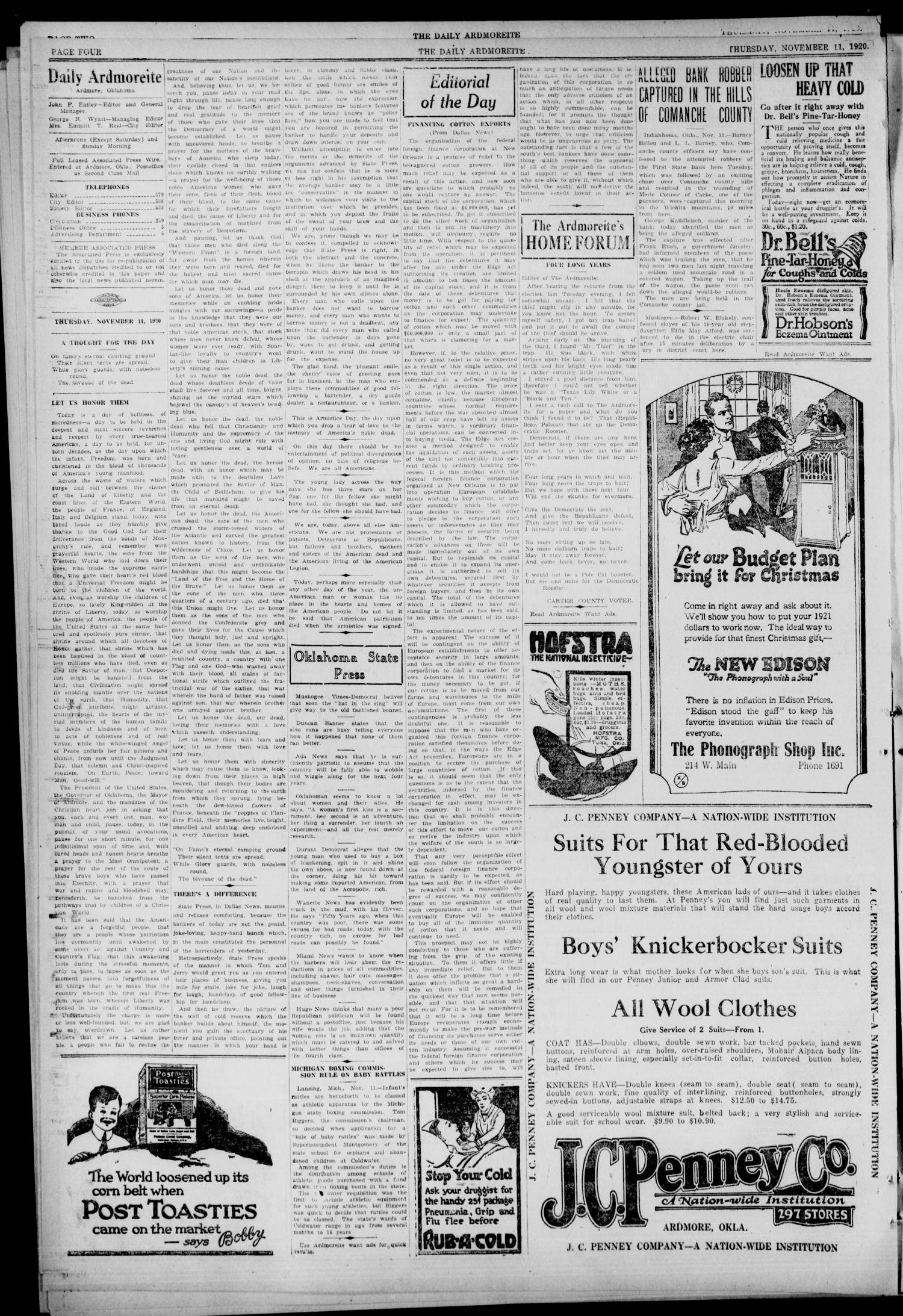 Daily Ardmoreite (Ardmore, Okla.), Vol. 28, No. 30, Ed. 1 Thursday, November 11, 1920
                                                
                                                    [Sequence #]: 4 of 10
                                                