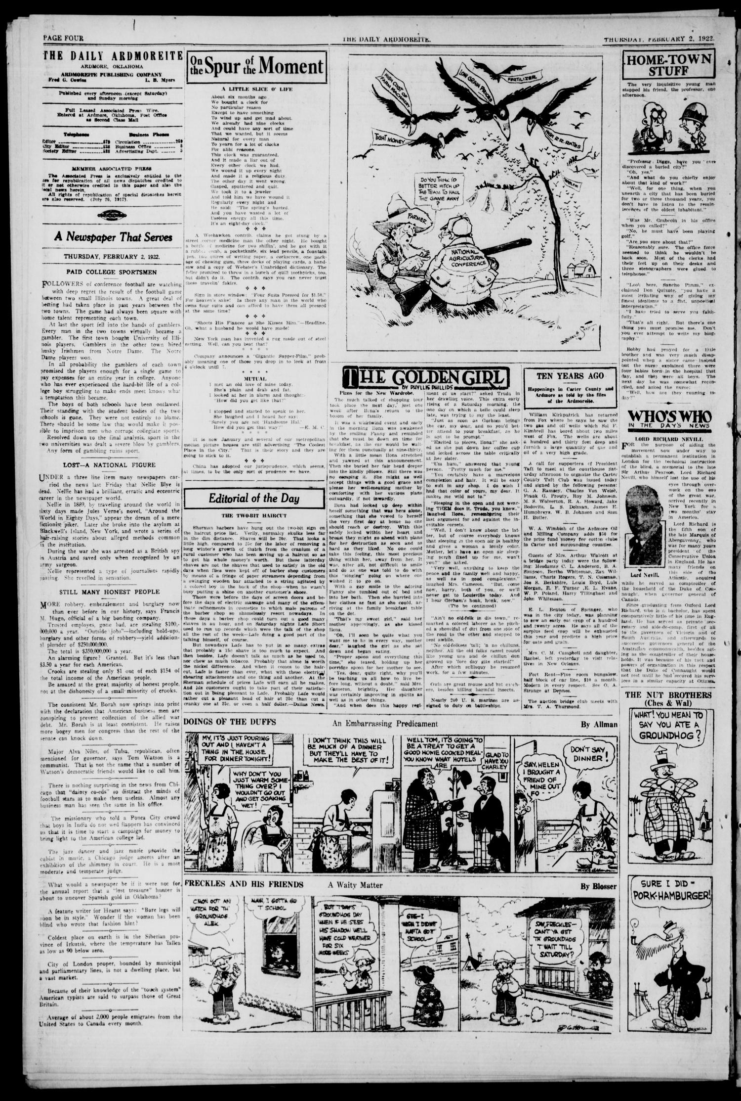 Daily Ardmoreite (Ardmore, Okla.), Vol. 29, No. 29, Ed. 1 Thursday, February 2, 1922
                                                
                                                    [Sequence #]: 4 of 10
                                                