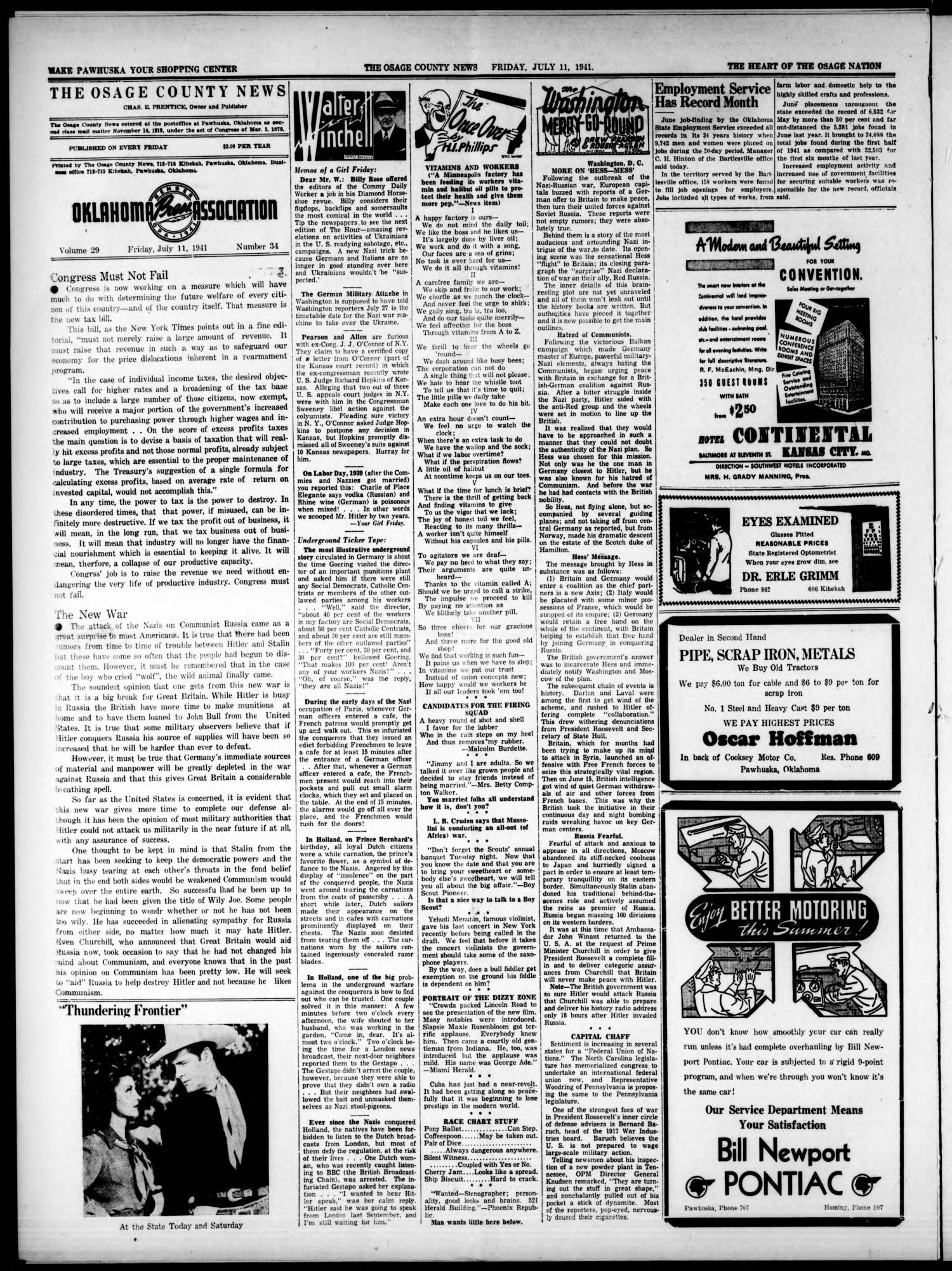 The Osage County News (Pawhuska, Okla.), Vol. 29, No. 34, Ed. 1 Friday, July 11, 1941
                                                
                                                    [Sequence #]: 2 of 8
                                                