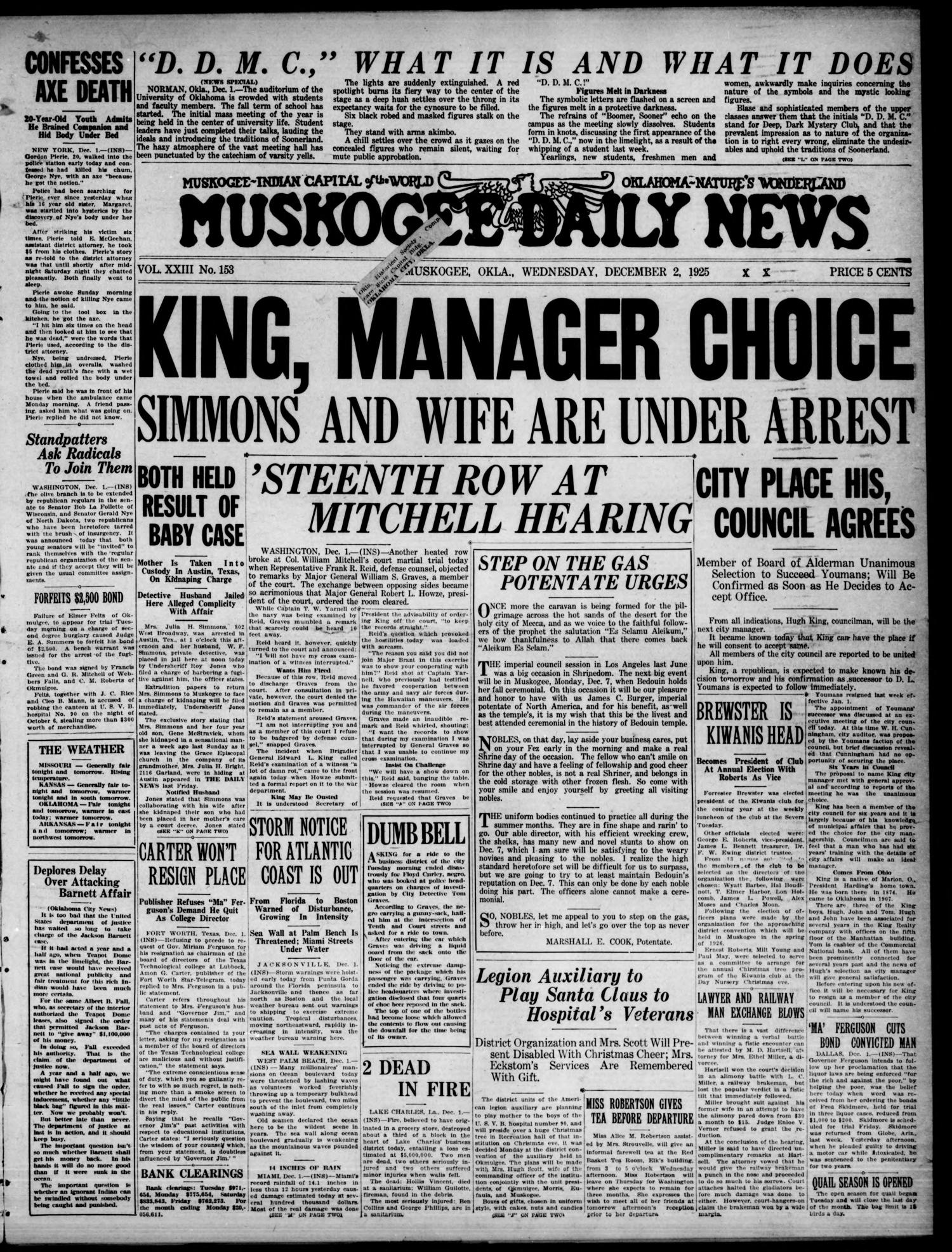 Muskogee Daily News (Muskogee, Okla.), Vol. 23, No. 153, Ed. 1 Wednesday, December 2, 1925
                                                
                                                    [Sequence #]: 1 of 8
                                                