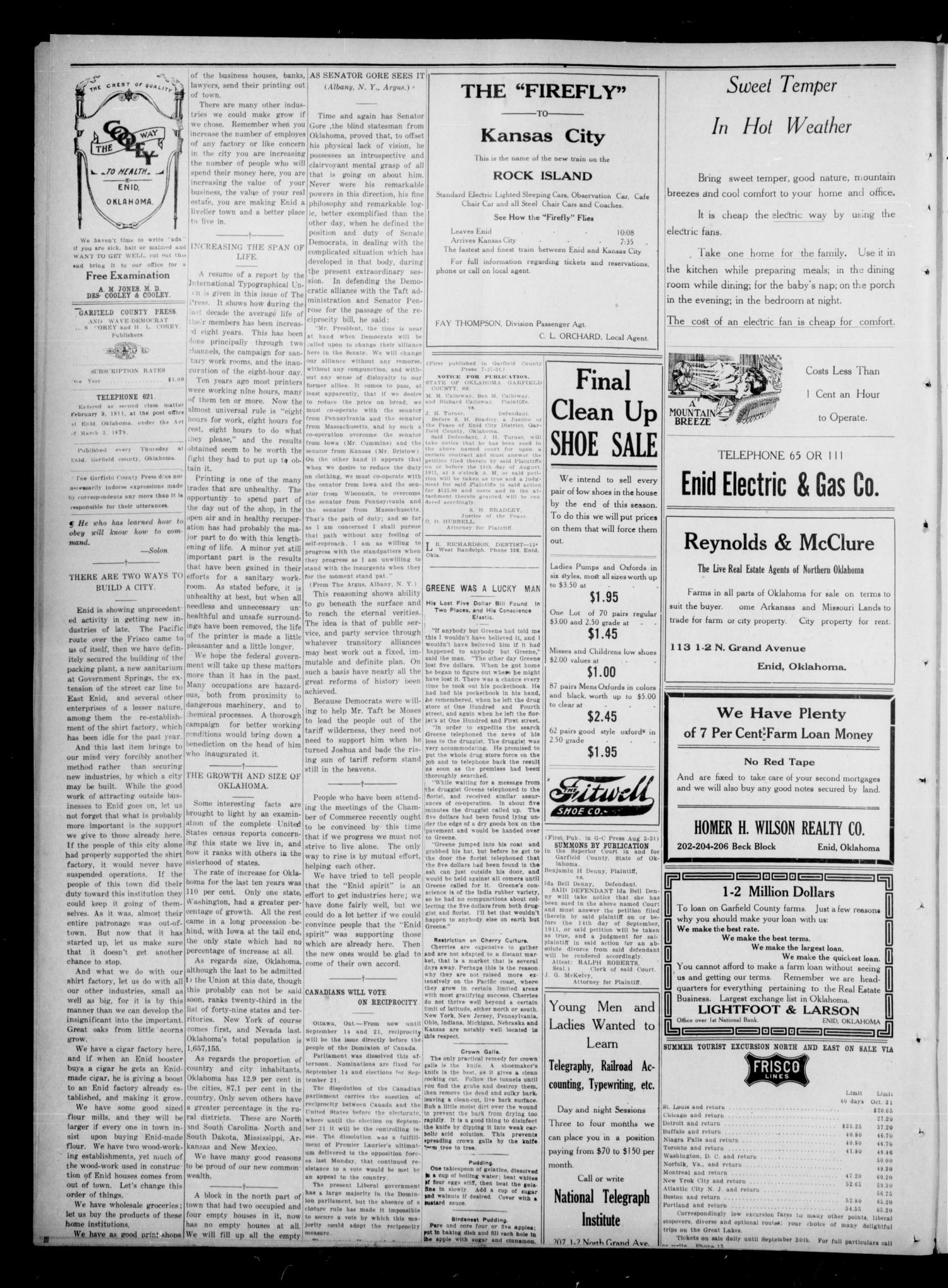 Garfield County Press. And Enid Wave-Democrat (Enid, Okla.), Vol. 17, No. 36, Ed. 1 Thursday, August 10, 1911
                                                
                                                    [Sequence #]: 4 of 8
                                                