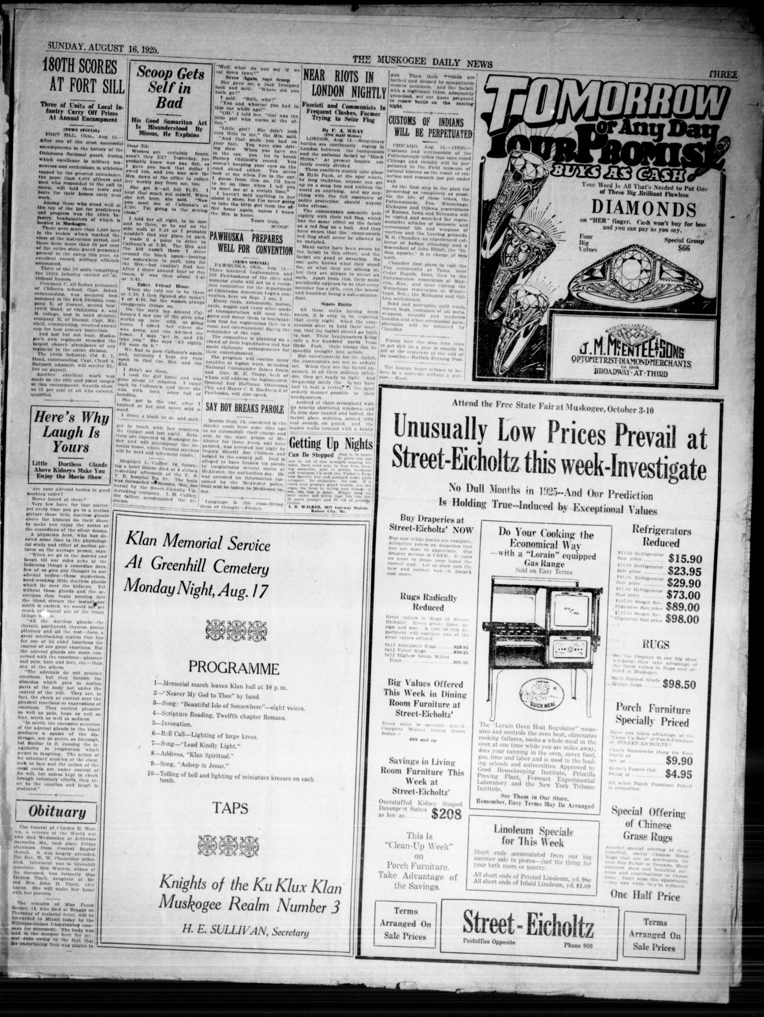 Muskogee Daily News (Muskogee, Okla.), Vol. 23, No. 46, Ed. 1 Sunday, August 16, 1925
                                                
                                                    [Sequence #]: 3 of 6
                                                