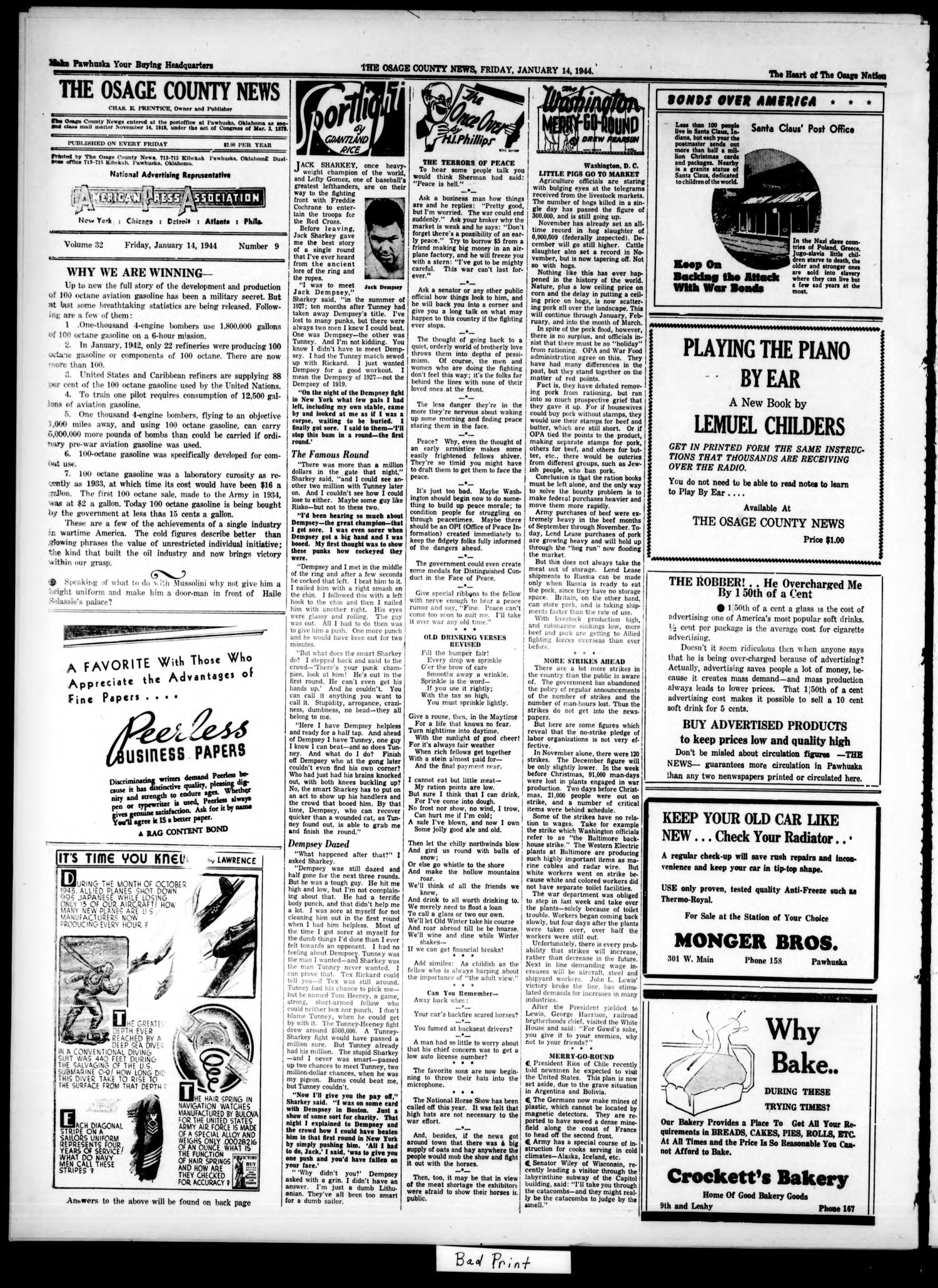 The Osage County News (Pawhuska, Okla.), Vol. 32, No. 9, Ed. 1 Friday, January 14, 1944
                                                
                                                    [Sequence #]: 2 of 8
                                                