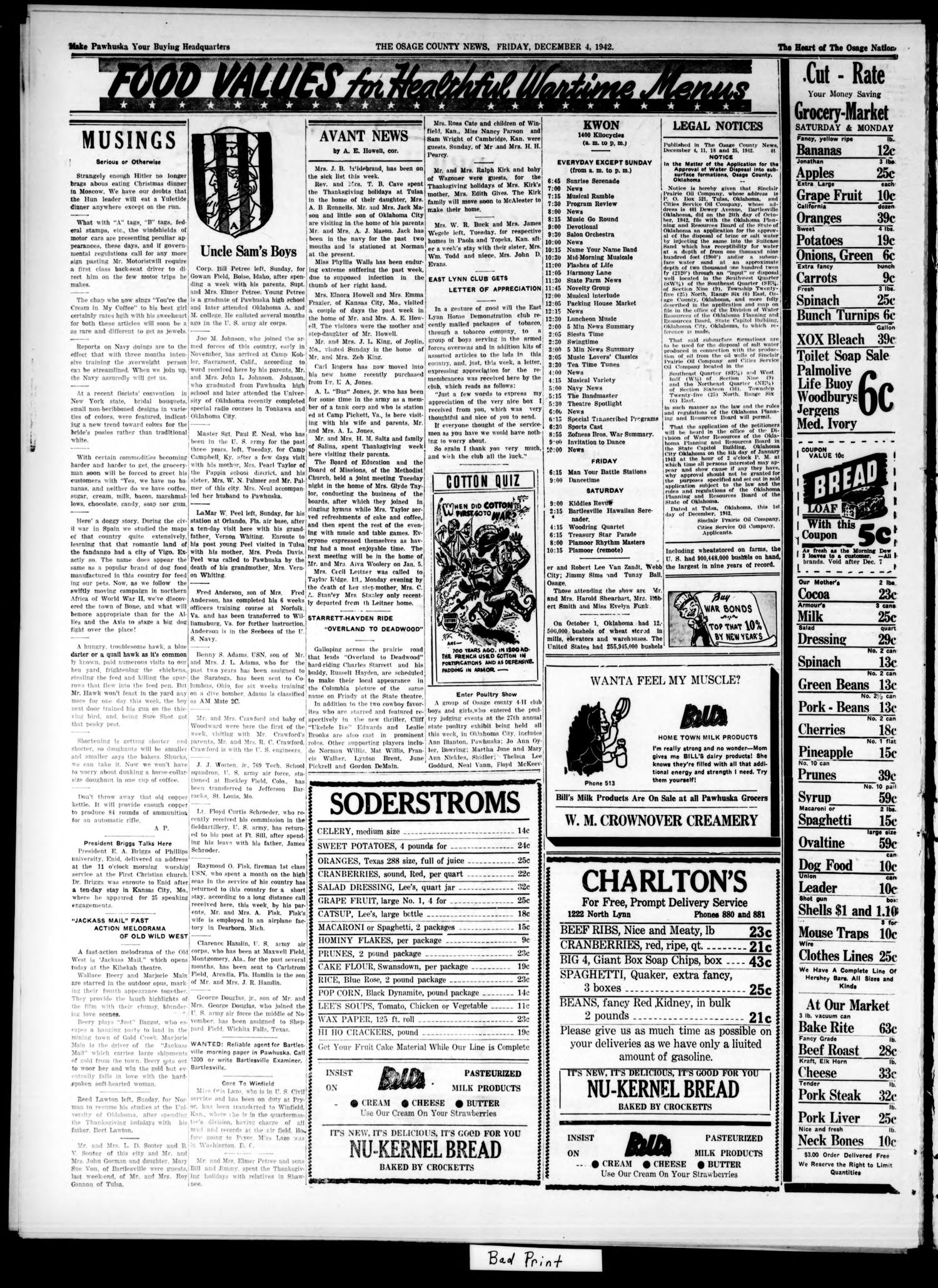 The Osage County News (Pawhuska, Okla.), Vol. 31, No. 3, Ed. 1 Friday, December 4, 1942
                                                
                                                    [Sequence #]: 4 of 8
                                                