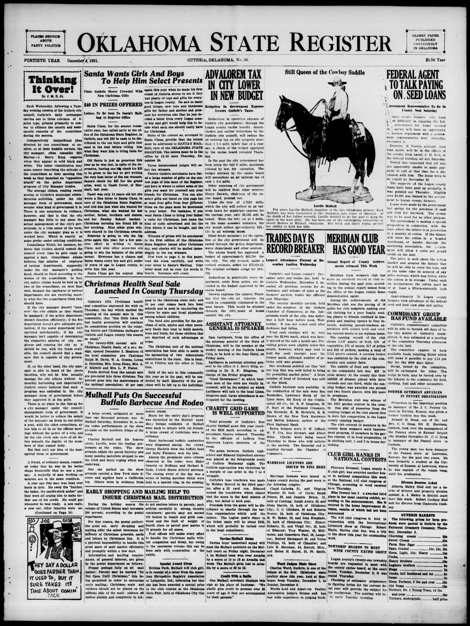 Oklahoma State Register (Guthrie, Okla.), Vol. 40, No. 36, Ed. 1 Thursday, December 3, 1931
                                                
                                                    [Sequence #]: 1 of 10
                                                