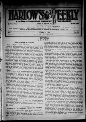 Harlow's Weekly (Oklahoma City, Okla.), Vol. 21, No. 31, Ed. 1 Friday, August 4, 1922