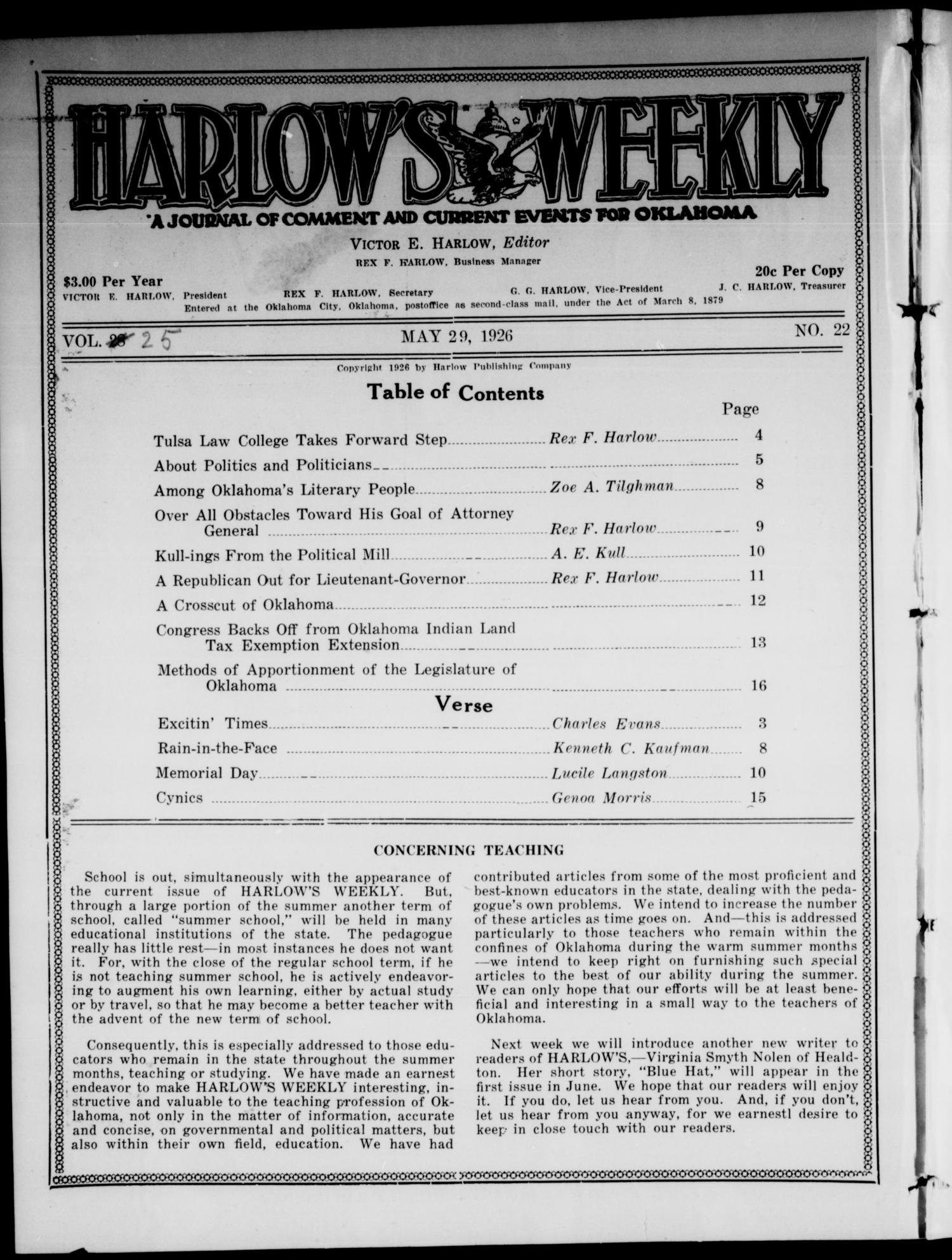 Harlow's Weekly (Oklahoma City, Okla.), Vol. 25, No. 22, Ed. 1 Saturday, May 29, 1926
                                                
                                                    [Sequence #]: 2 of 16
                                                