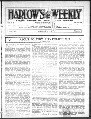 Primary view of object titled 'Harlow's Weekly (Oklahoma City, Okla.), Vol. 18, No. 5, Ed. 1 Wednesday, February 4, 1920'.