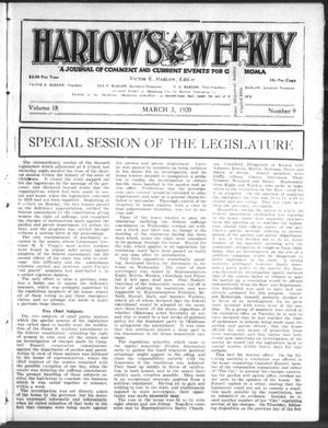 Primary view of object titled 'Harlow's Weekly (Oklahoma City, Okla.), Vol. 18, No. 9, Ed. 1 Wednesday, March 3, 1920'.