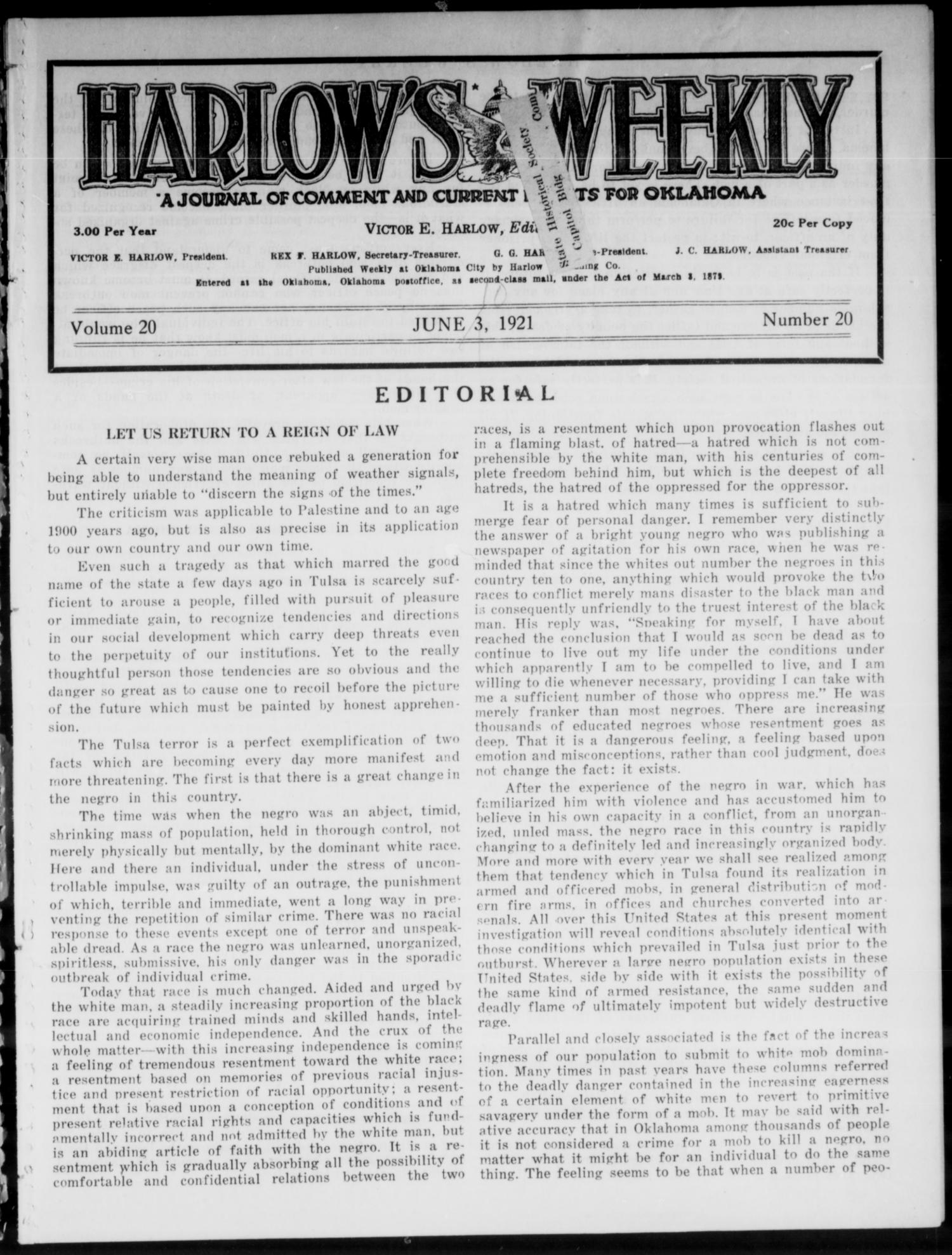 Harlow's Weekly (Oklahoma City, Okla.), Vol. 20, No. 20, Ed. 1 Friday, June 10, 1921
                                                
                                                    [Sequence #]: 1 of 16
                                                