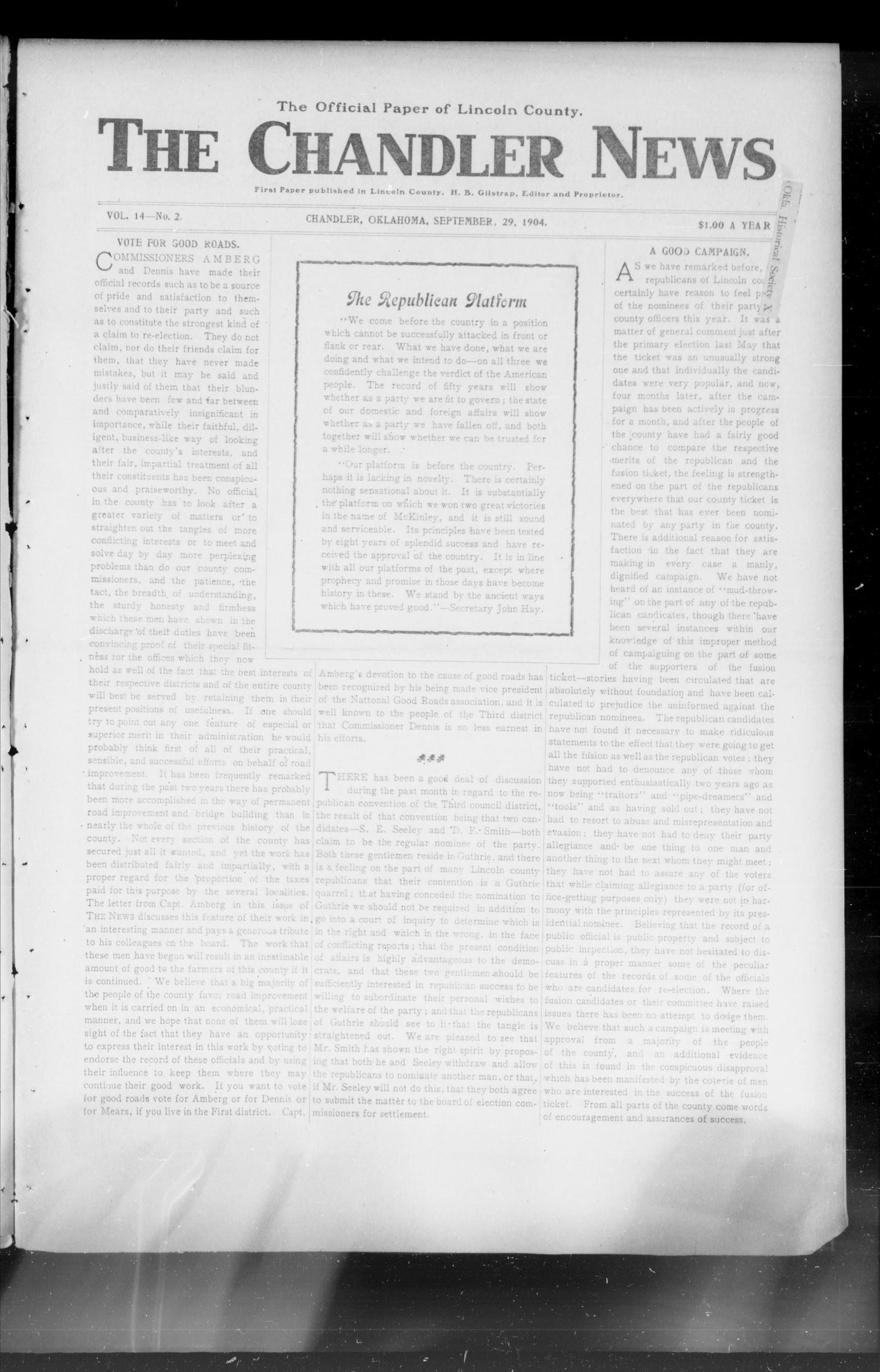 The Chandler News (Chandler, Okla.), Vol. 14, No. 2, Ed. 1 Thursday, September 29, 1904
                                                
                                                    [Sequence #]: 1 of 12
                                                