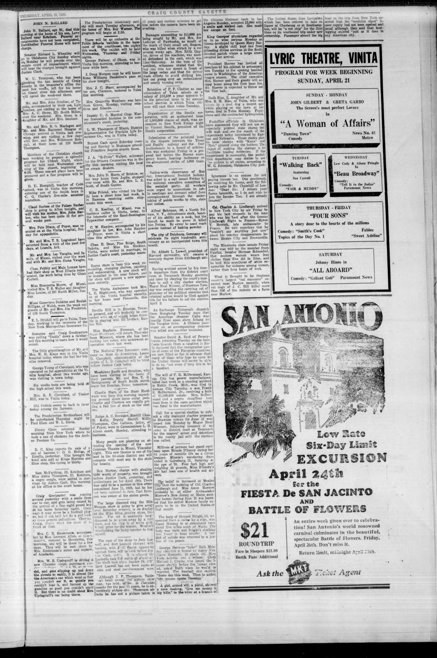 The Craig County Gazette (Vinita, Oklahoma), Vol. 27, No. 44, Ed. 1 Thursday, April 18, 1929
                                                
                                                    [Sequence #]: 5 of 8
                                                