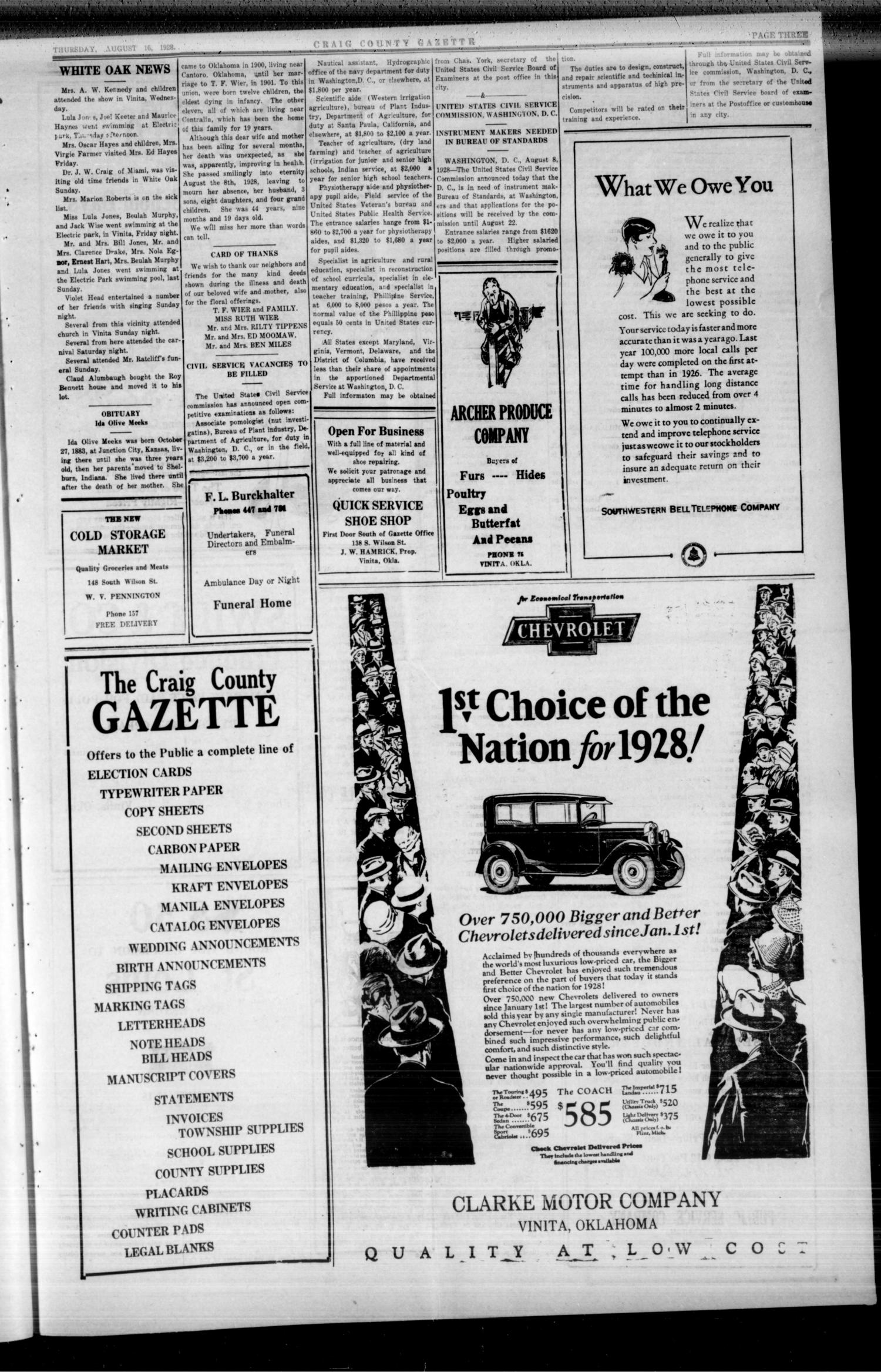 The Craig County Gazette (Vinita, Oklahoma), Vol. 27, No. 11, Ed. 1 Thursday, August 16, 1928
                                                
                                                    [Sequence #]: 3 of 8
                                                