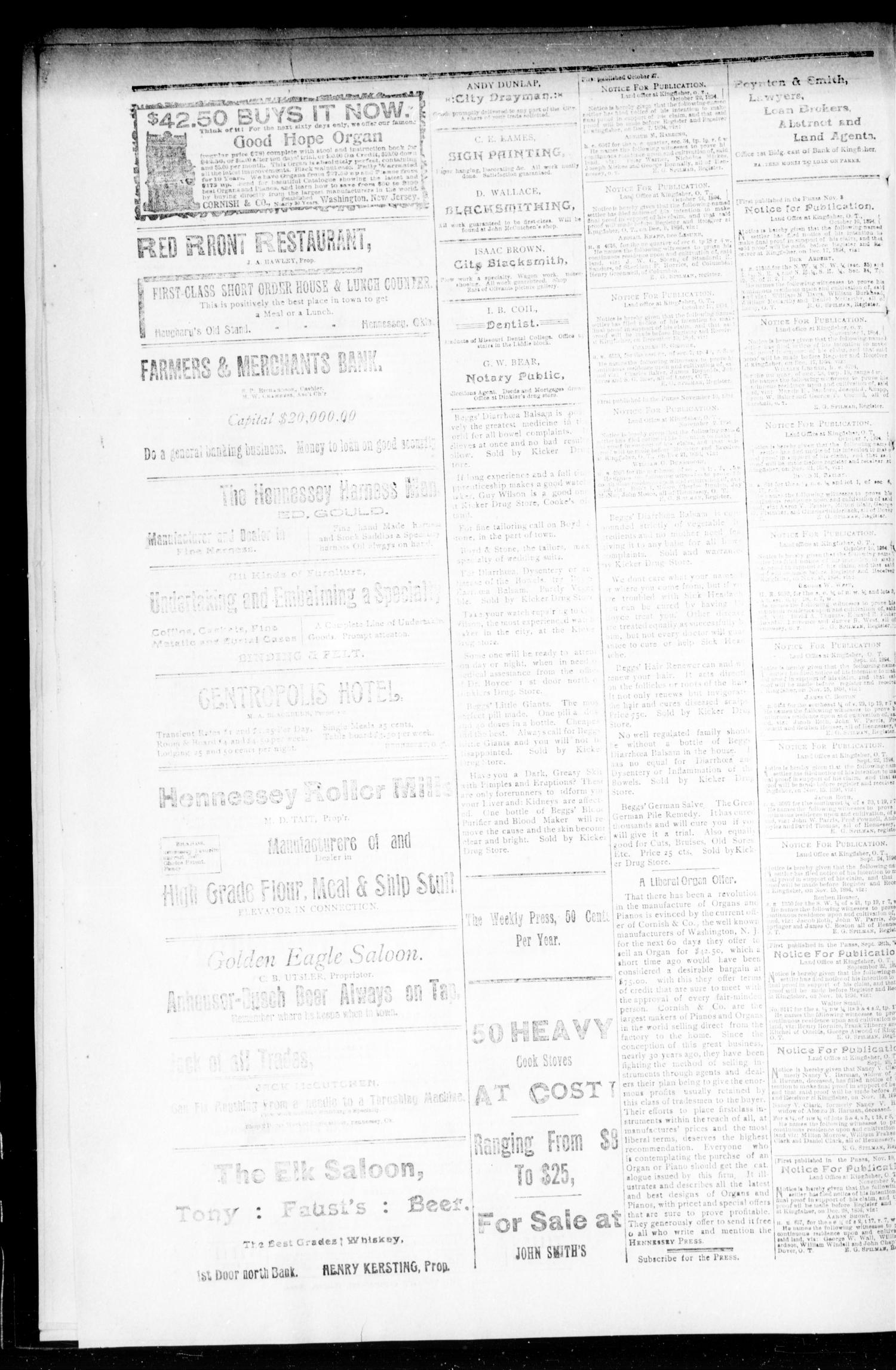 The Hennessey Press. (Hennessey, Okla.), Vol. 1, No. 16, Ed. 1 Saturday, November 10, 1894
                                                
                                                    [Sequence #]: 4 of 8
                                                