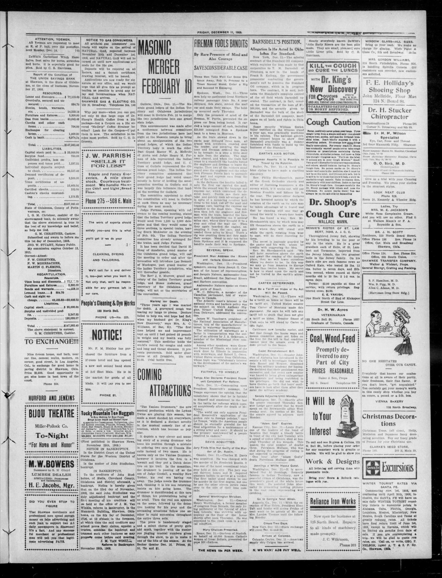 The Shawnee News. (Shawnee, Okla.), Vol. 14, No. 26, Ed. 1 Friday, December 11, 1908
                                                
                                                    [Sequence #]: 3 of 8
                                                