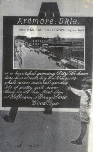 Advertisement from Hoffmann Drug showing Main Street from the top of the Whittington Hotel.