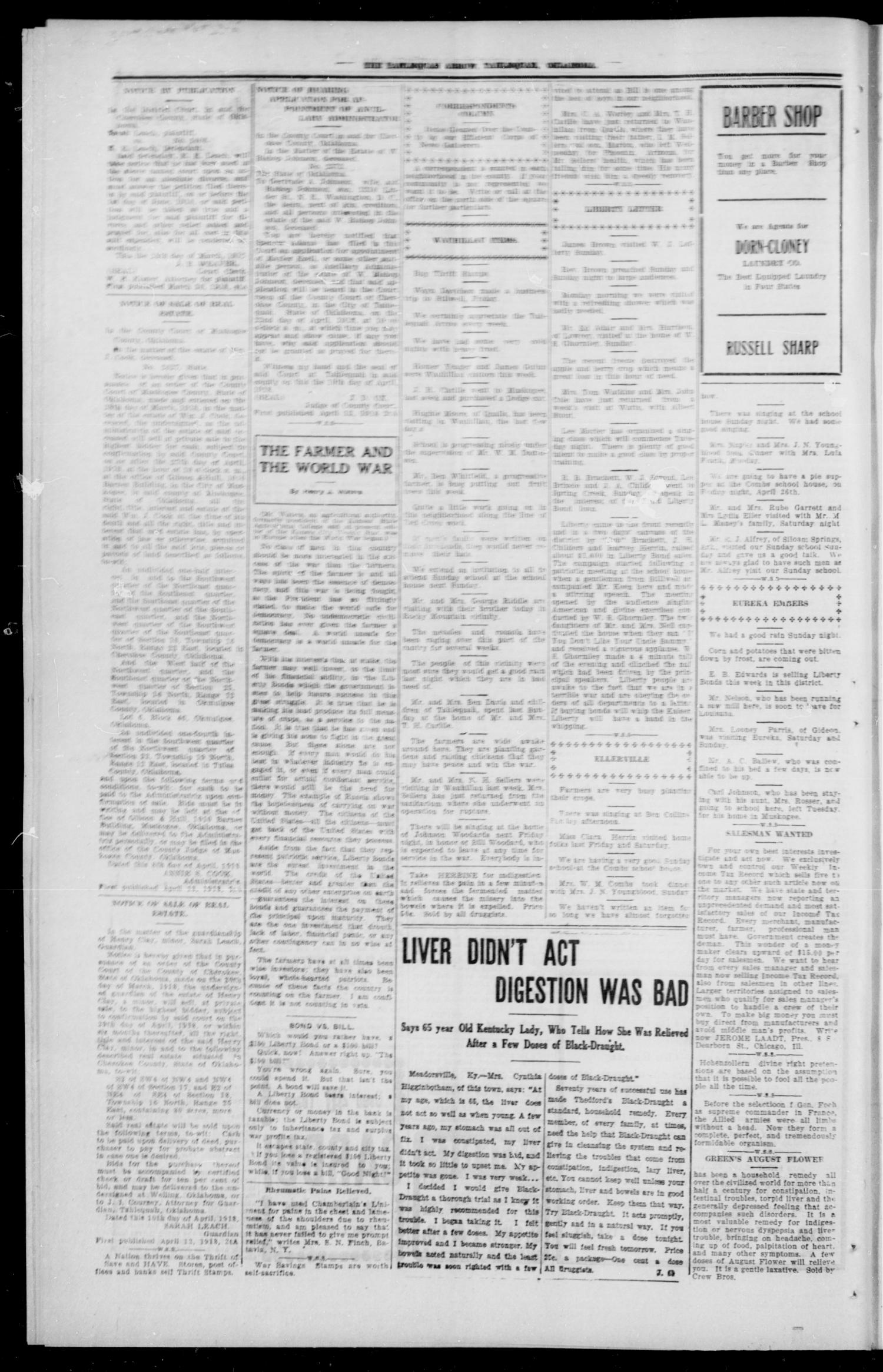 The Tahlequah Arrow (Tahlequah, Okla.), Vol. 33, No. 33, Ed. 1 Saturday, April 20, 1918
                                                
                                                    [Sequence #]: 4 of 4
                                                