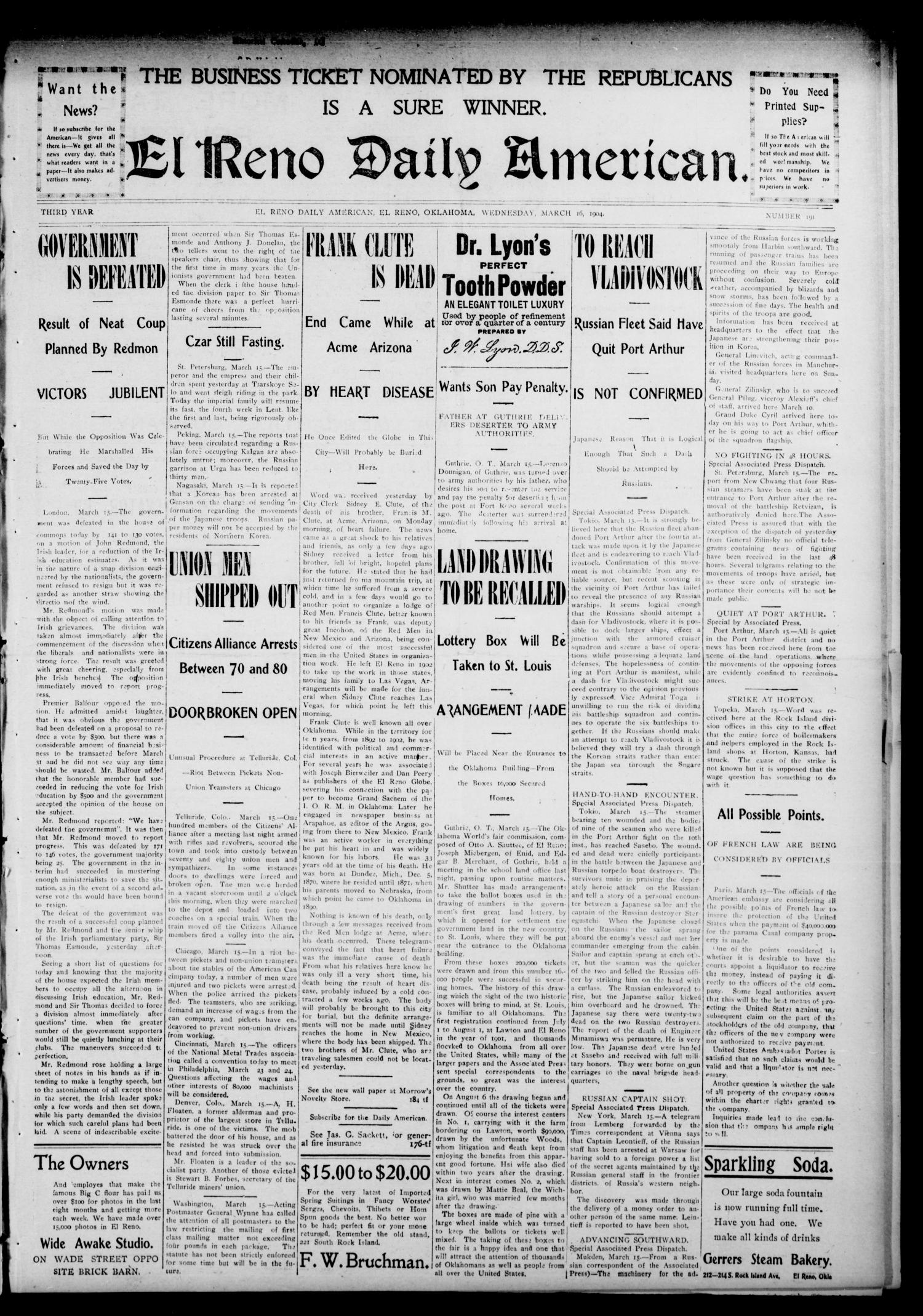 The El Reno Daily American. (El Reno, Okla.), Vol. 3, No. 191, Ed. 1 Wednesday, March 16, 1904
                                                
                                                    [Sequence #]: 1 of 4
                                                