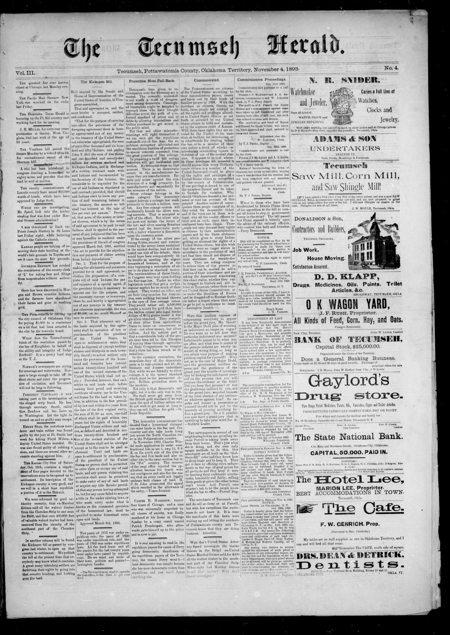 The Tecumseh Herald. (Tecumseh, Okla. Terr.), Vol. 3, No. 4, Ed. 1 Saturday, November 4, 1893
                                                
                                                    [Sequence #]: 1 of 4
                                                