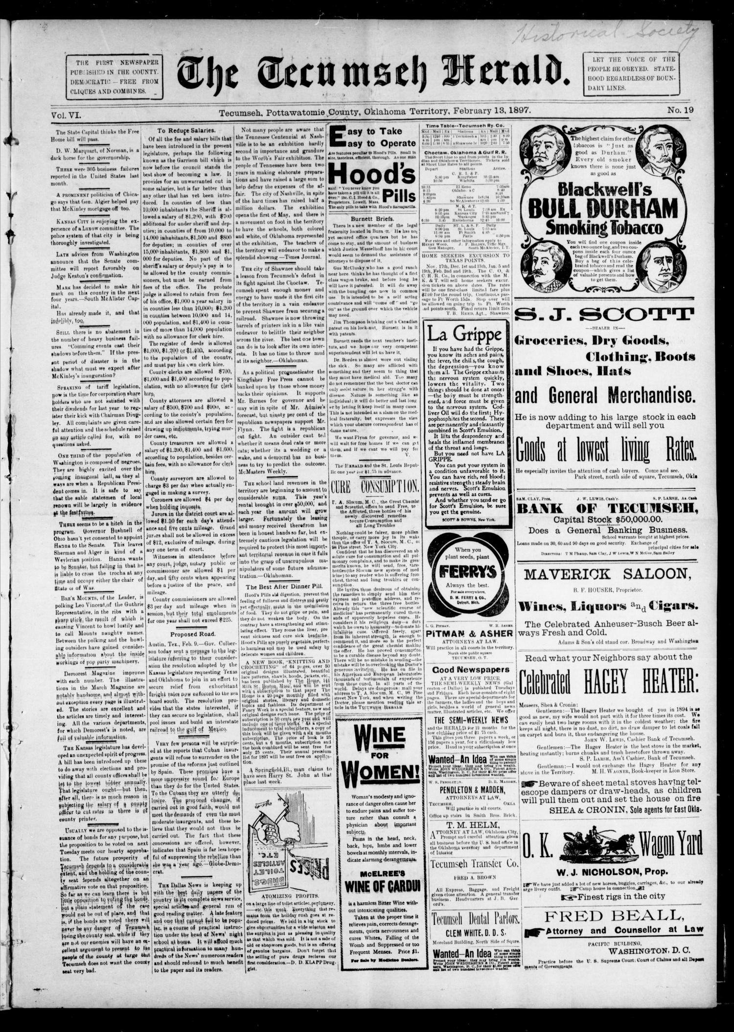 The Tecumseh Herald. (Tecumseh, Okla. Terr.), Vol. 6, No. 19, Ed. 1 Saturday, February 13, 1897
                                                
                                                    [Sequence #]: 1 of 4
                                                