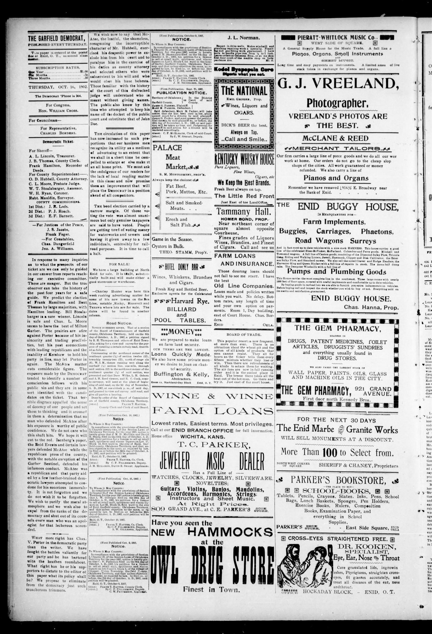 Garfield County Democrat. (Enid, Okla.), Vol. 5, No. 42, Ed. 1 Thursday, October 16, 1902
                                                
                                                    [Sequence #]: 4 of 8
                                                