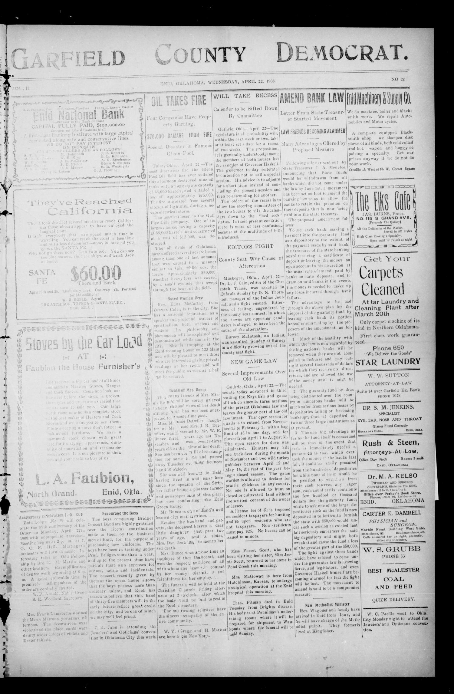 Garfield County Democrat. (Enid, Okla.), Vol. 11, No. 24, Ed. 1 Wednesday, April 22, 1908
                                                
                                                    [Sequence #]: 1 of 4
                                                