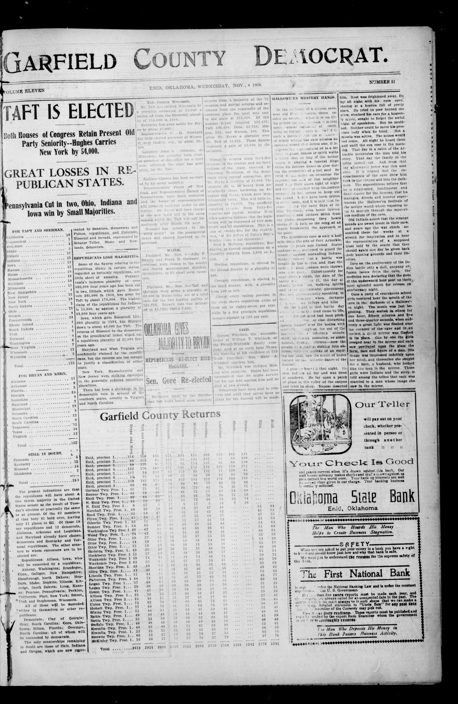 Garfield County Democrat. (Enid, Okla.), Vol. 11, No. 51, Ed. 1 Wednesday, November 4, 1908
                                                
                                                    [Sequence #]: 1 of 8
                                                