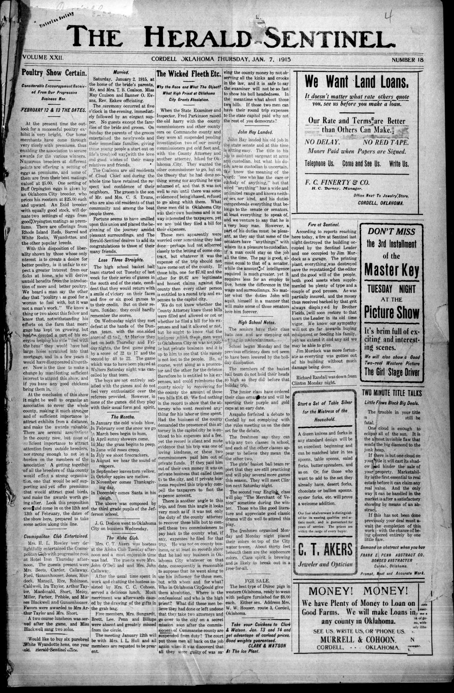 The Herald-Sentinel. (Cordell, Okla.), Vol. 22, No. 18, Ed. 1 Thursday, January 7, 1915
                                                
                                                    [Sequence #]: 1 of 8
                                                