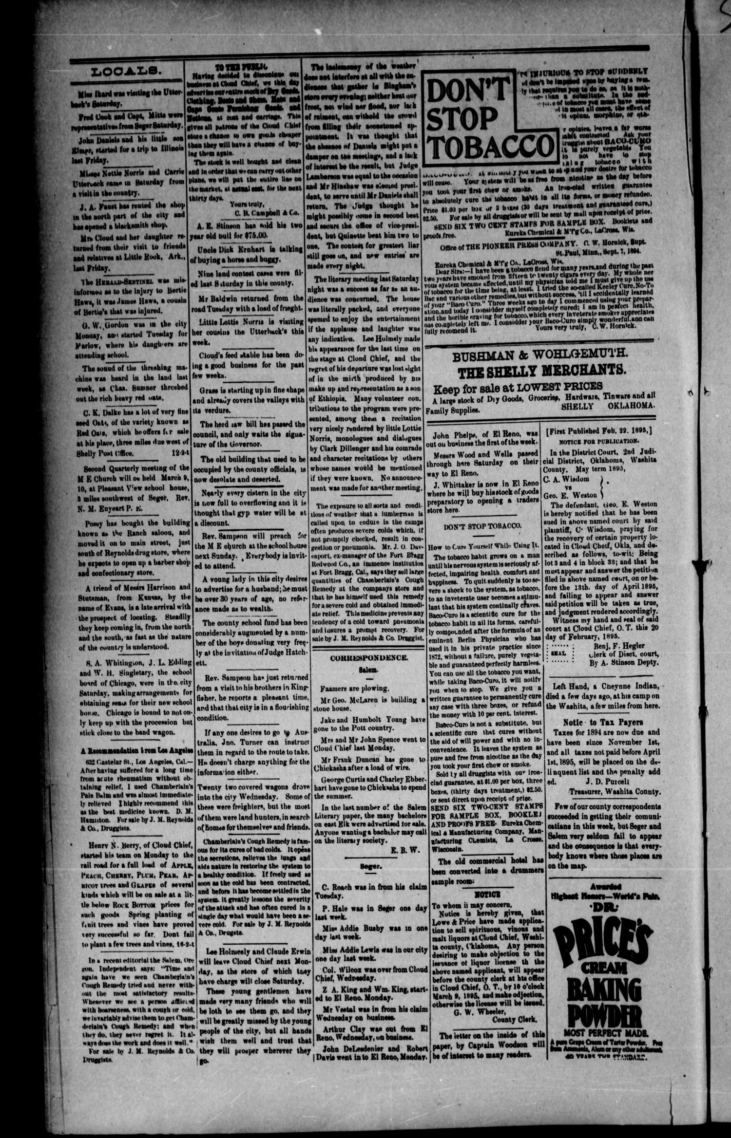 The Herald-Sentinel. (Cloud Chief, Okla. Terr.), Vol. 4, No. 13, Ed. 1 Friday, March 1, 1895
                                                
                                                    [Sequence #]: 4 of 4
                                                