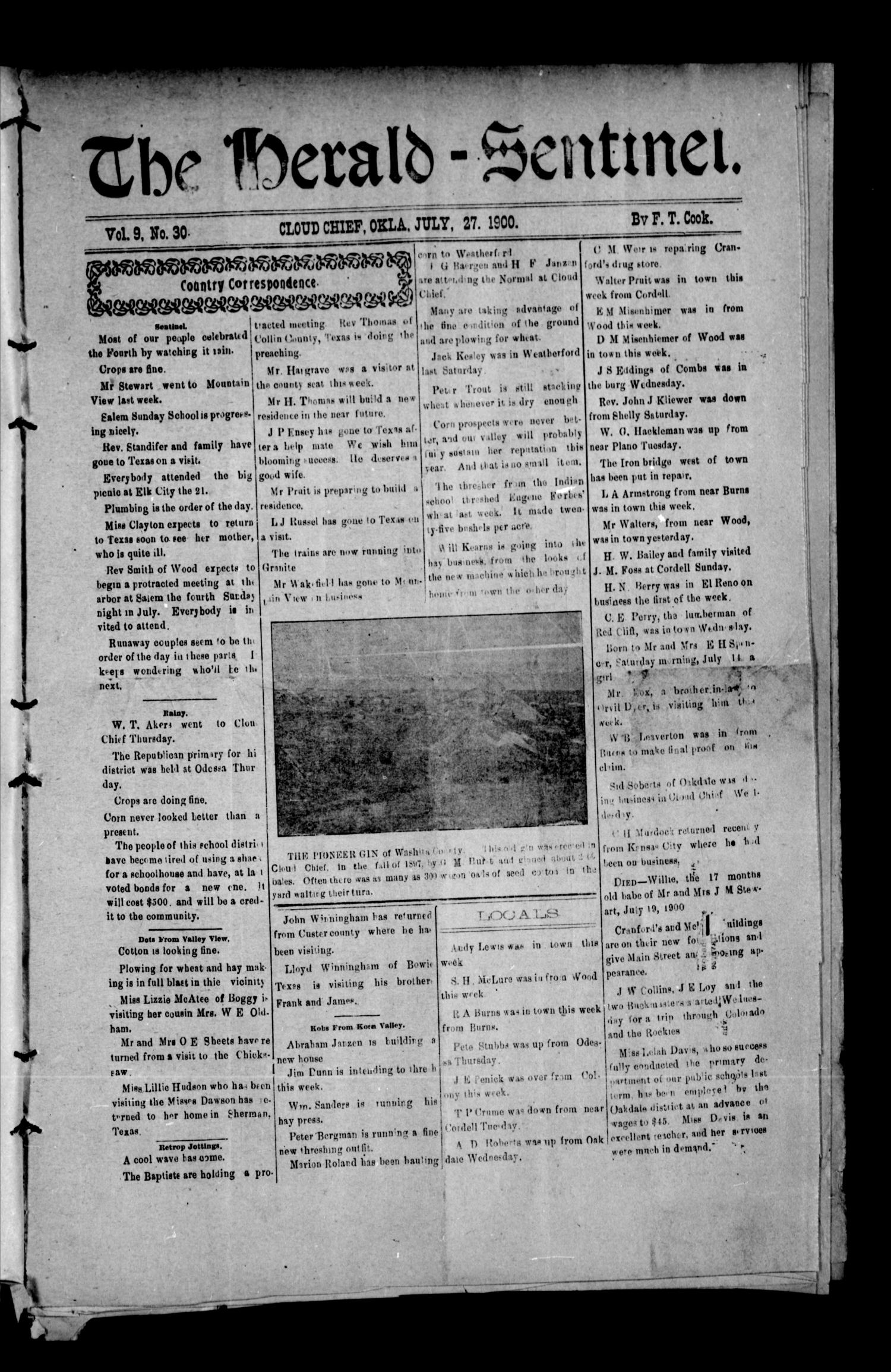 The Herald-Sentinel. (Cloud Chief, Okla.), Vol. 9, No. 30, Ed. 1 Friday, July 27, 1900
                                                
                                                    [Sequence #]: 1 of 8
                                                