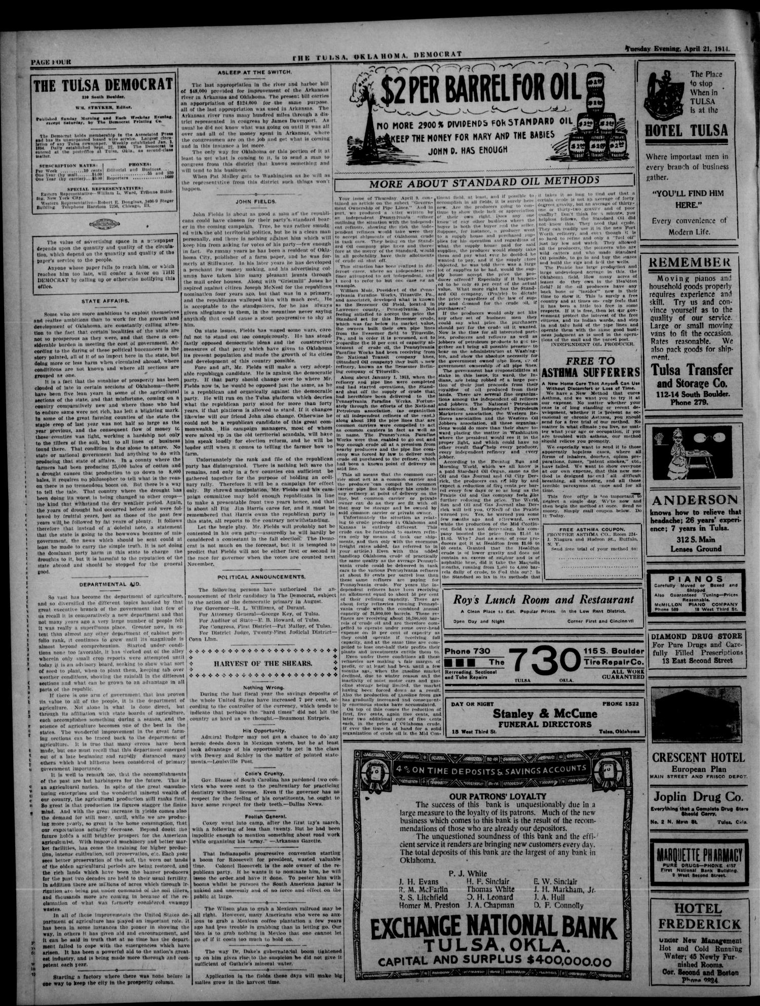 The Tulsa Democrat (Tulsa, Okla.), Vol. 10, No. 193, Ed. 1 Tuesday, April 21, 1914
                                                
                                                    [Sequence #]: 4 of 10
                                                