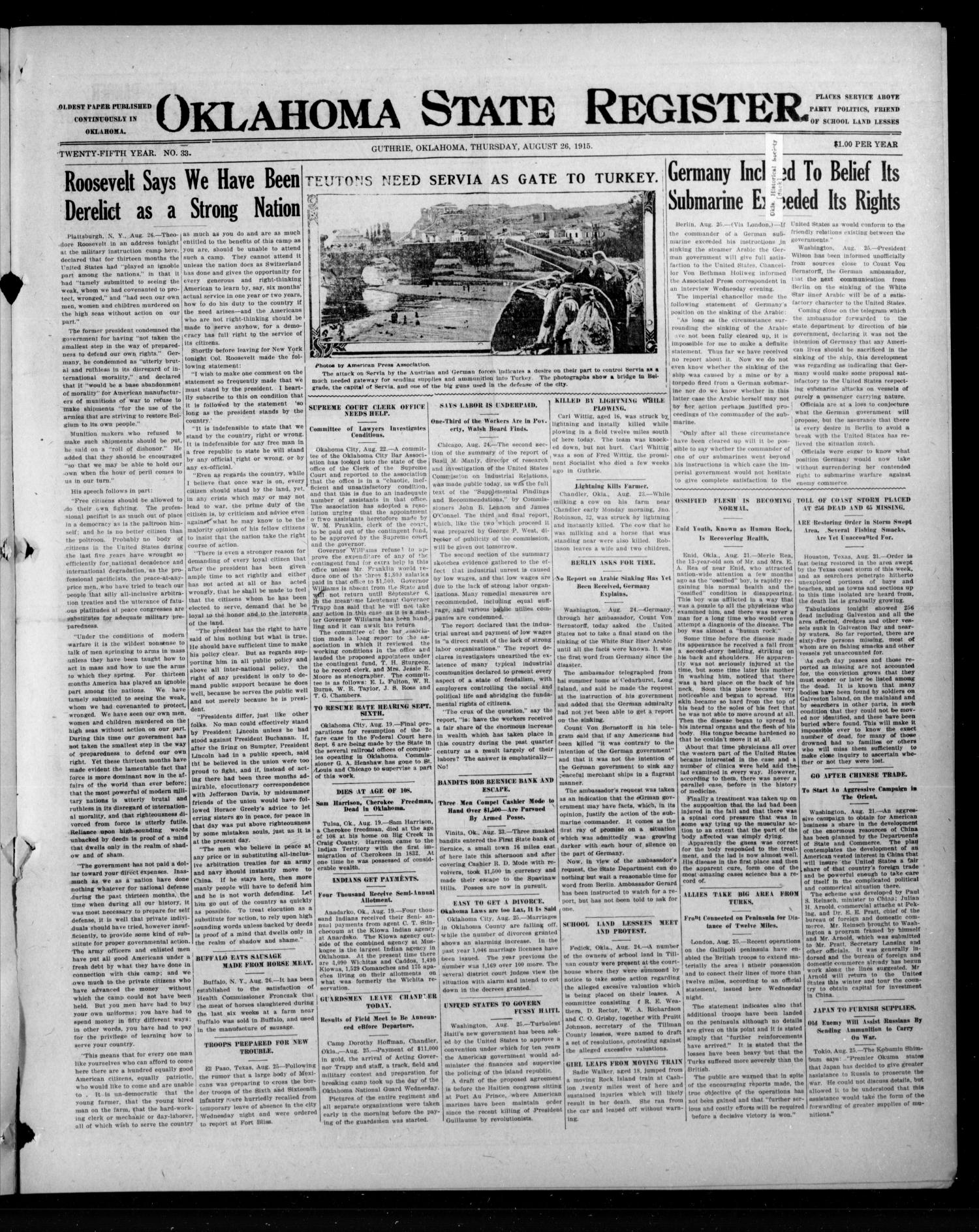 Oklahoma State Register. (Guthrie, Okla.), Vol. 25, No. 33, Ed. 1 Thursday, August 26, 1915
                                                
                                                    [Sequence #]: 1 of 8
                                                