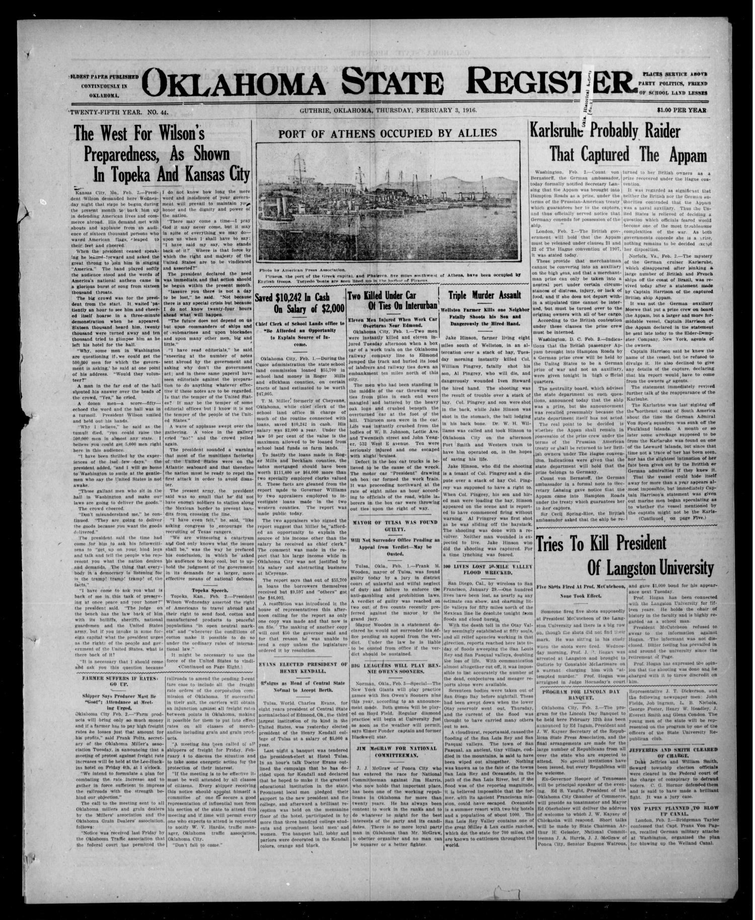 Oklahoma State Register. (Guthrie, Okla.), Vol. 25, No. 44, Ed. 1 Thursday, February 3, 1916
                                                
                                                    [Sequence #]: 1 of 8
                                                