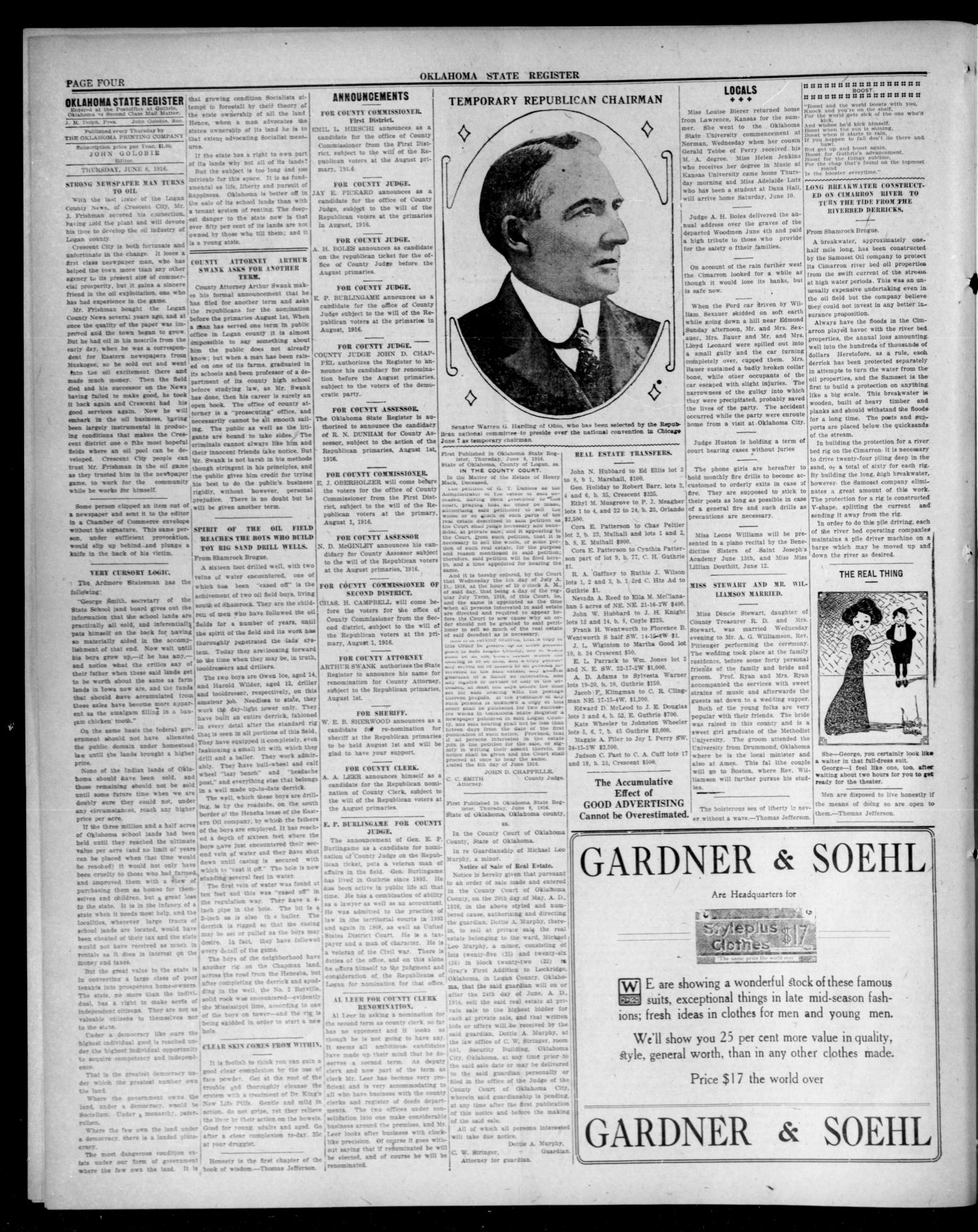 Oklahoma State Register. (Guthrie, Okla.), Vol. 26, No. 9, Ed. 1 Thursday, June 8, 1916
                                                
                                                    [Sequence #]: 4 of 8
                                                