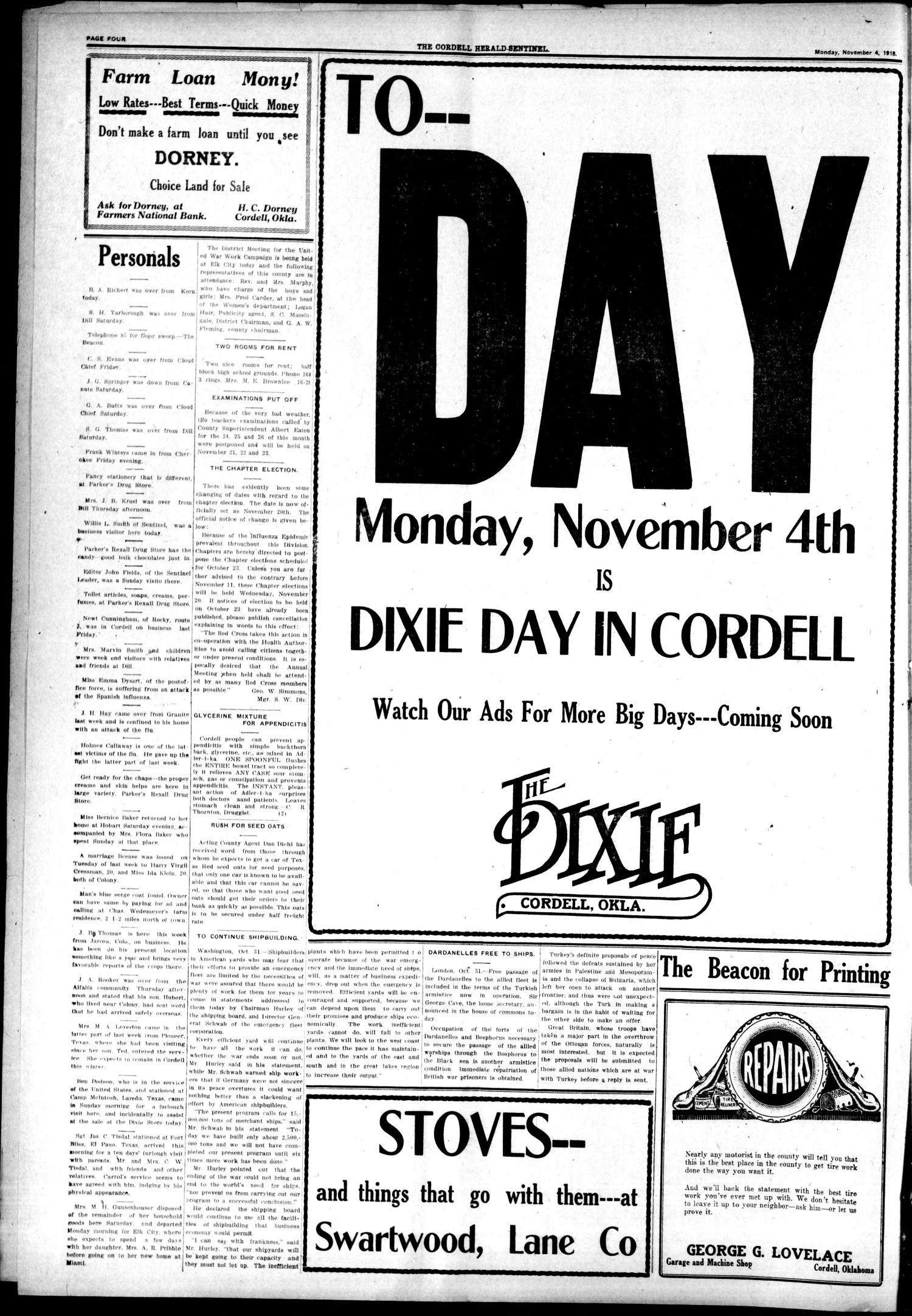 The Herald-Sentinel. (Cordell, Okla.), Vol. 26, No. 5, Ed. 1 Monday, November 4, 1918
                                                
                                                    [Sequence #]: 4 of 4
                                                