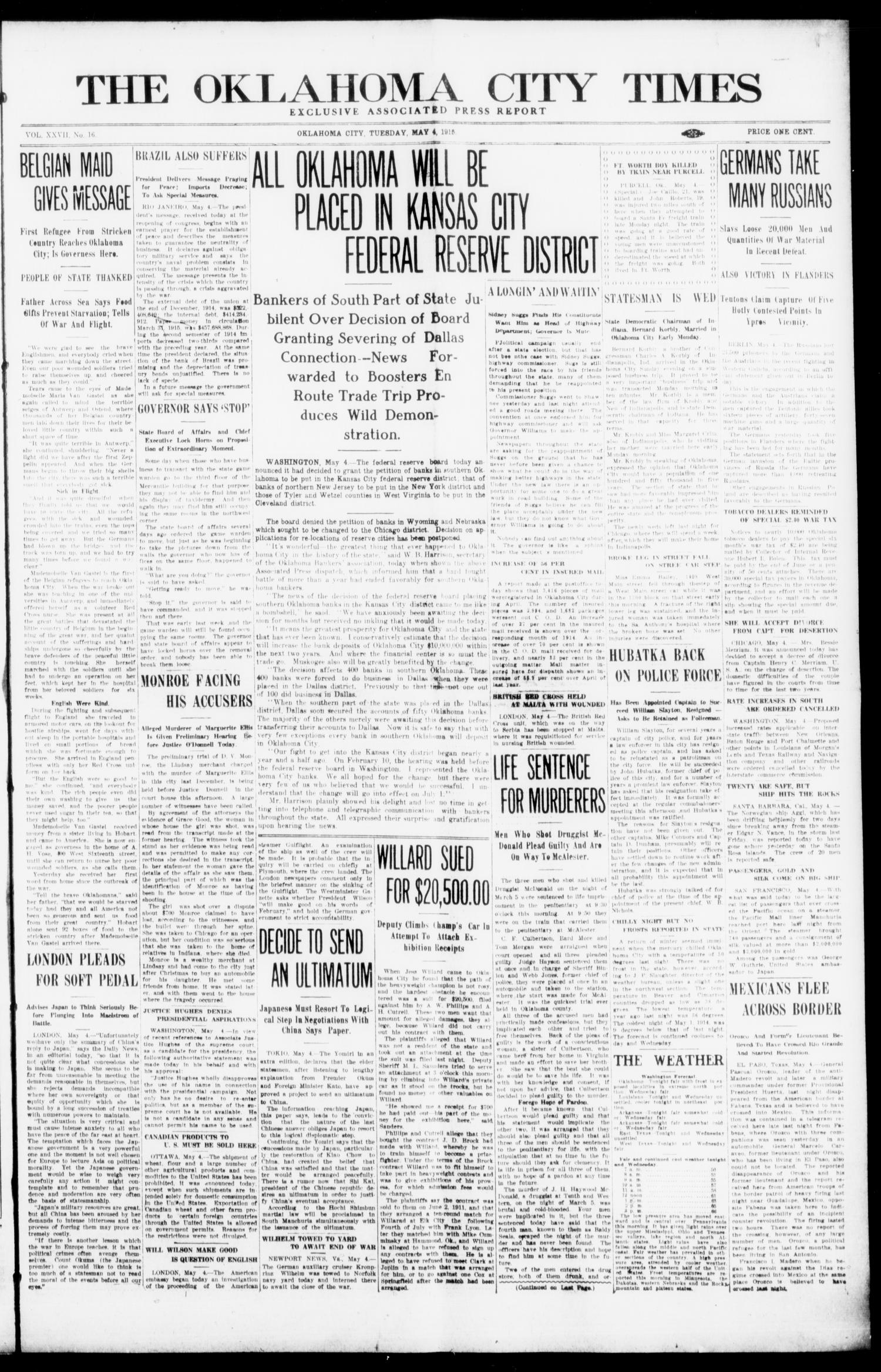 The Oklahoma City Times (Oklahoma City, Okla.), Vol. 27, No. 16, Ed. 1 Tuesday, May 4, 1915
                                                
                                                    [Sequence #]: 1 of 8
                                                