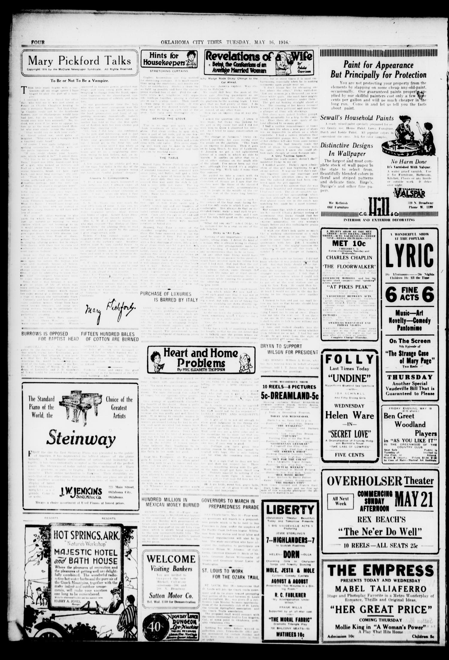 Oklahoma City Times (Oklahoma City, Okla.), Vol. 28, No. 38, Ed. 1 Tuesday, May 16, 1916
                                                
                                                    [Sequence #]: 4 of 12
                                                
