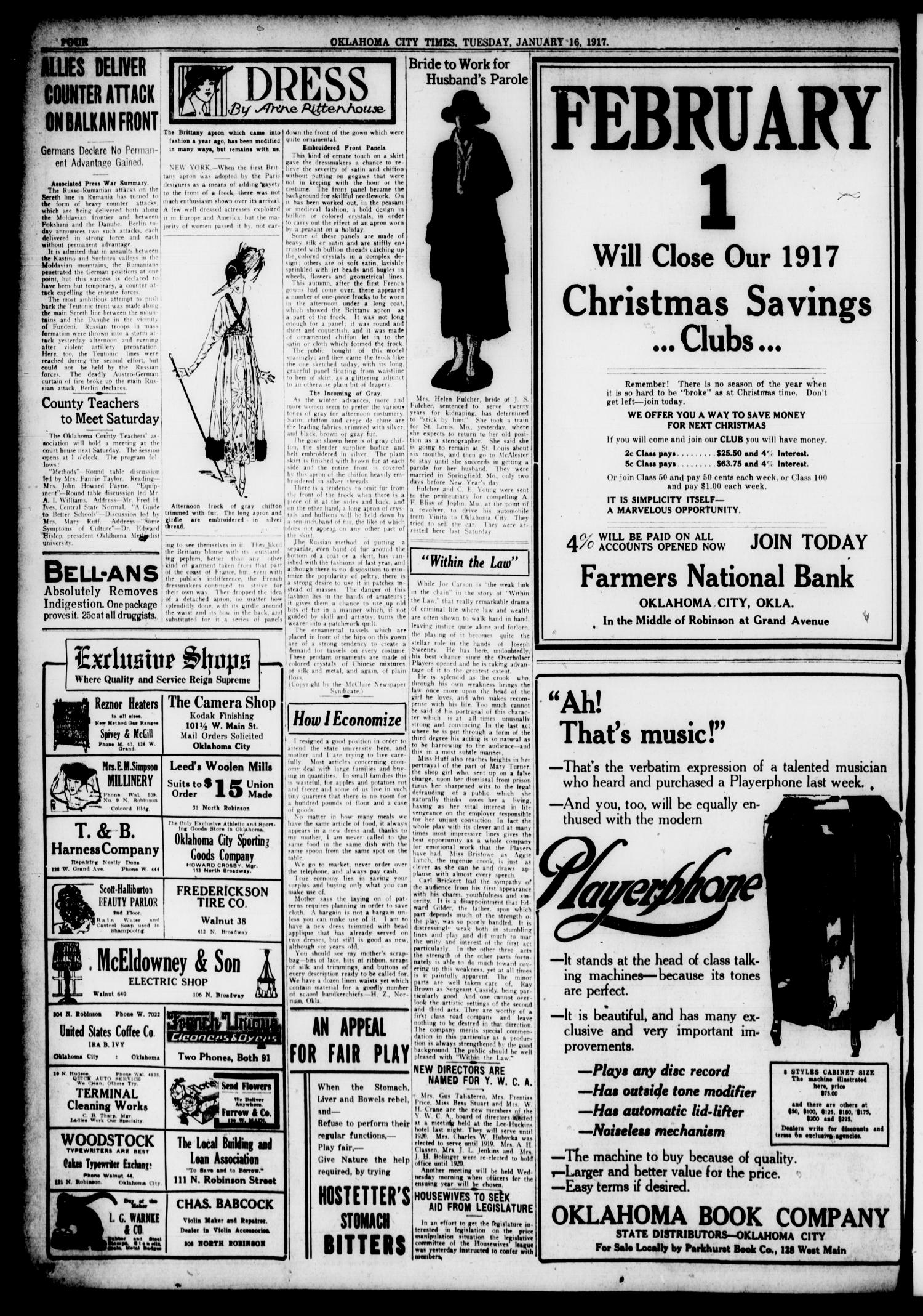 Oklahoma City Times (Oklahoma City, Okla.), Vol. 28, No. 248, Ed. 1 Tuesday, January 16, 1917
                                                
                                                    [Sequence #]: 4 of 10
                                                