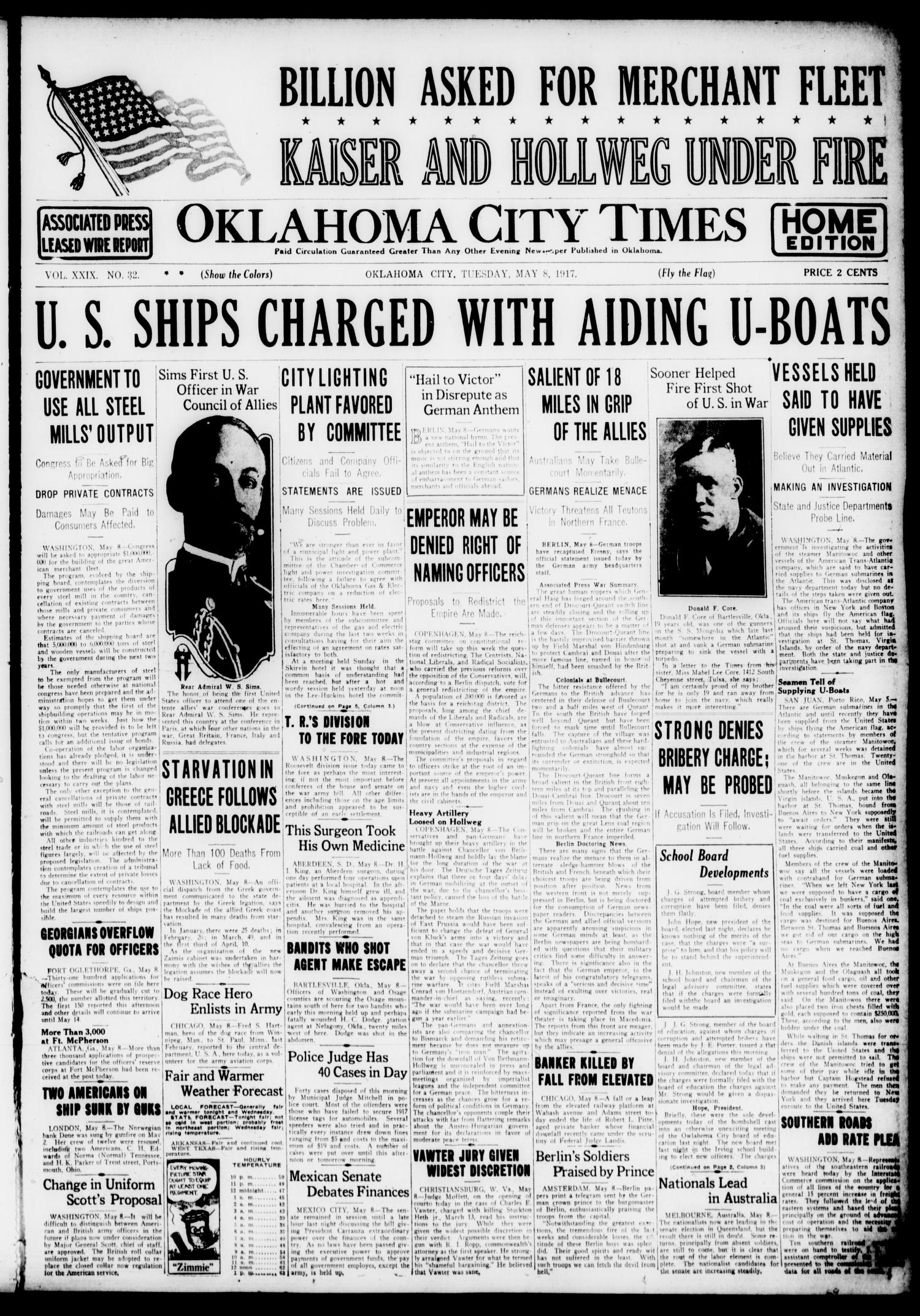 Oklahoma City Times (Oklahoma City, Okla.), Vol. 29, No. 32, Ed. 1 Tuesday, May 8, 1917
                                                
                                                    [Sequence #]: 1 of 10
                                                