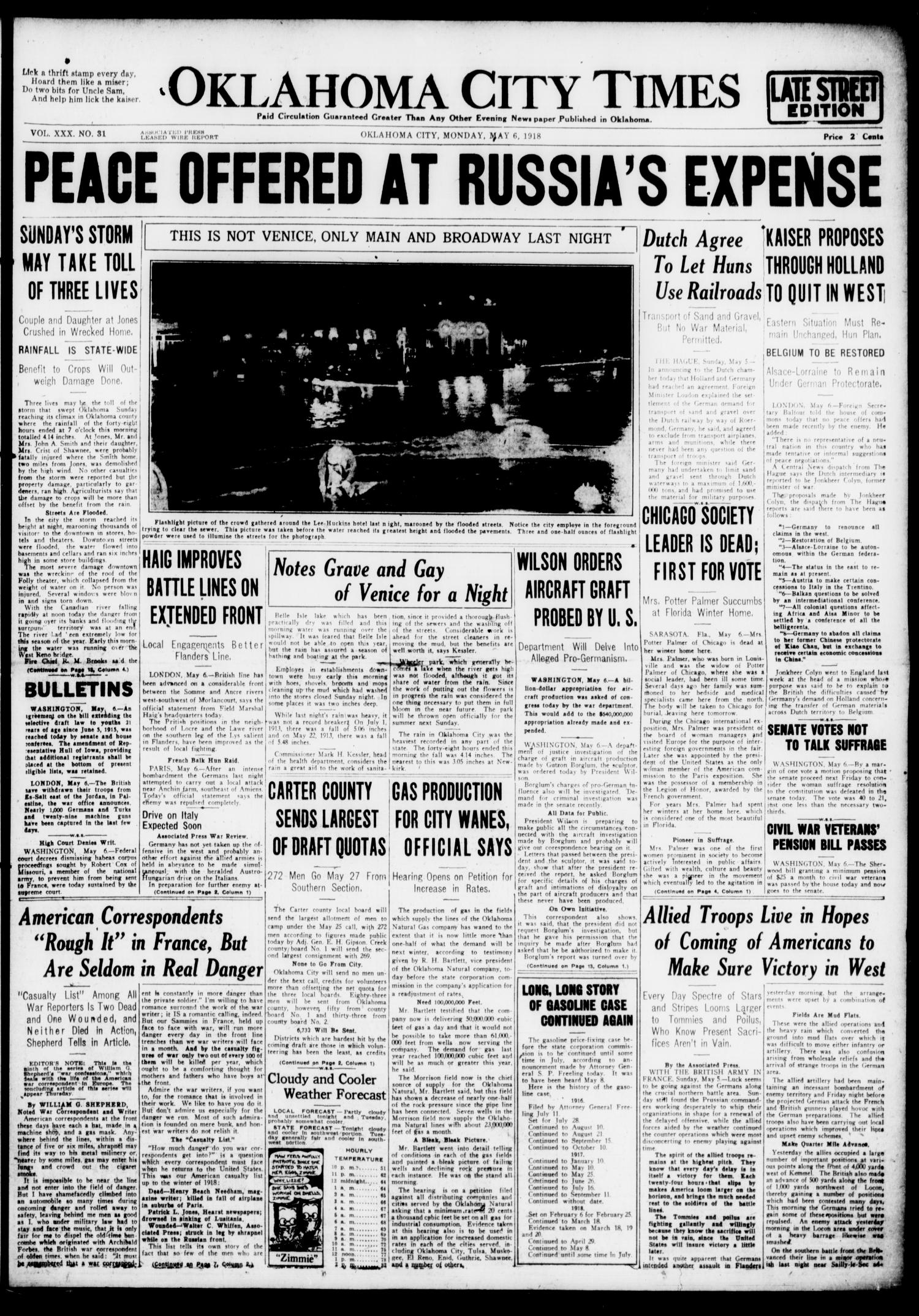 Oklahoma City Times (Oklahoma City, Okla.), Vol. 30, No. 31, Ed. 1 Monday, May 6, 1918
                                                
                                                    [Sequence #]: 1 of 14
                                                