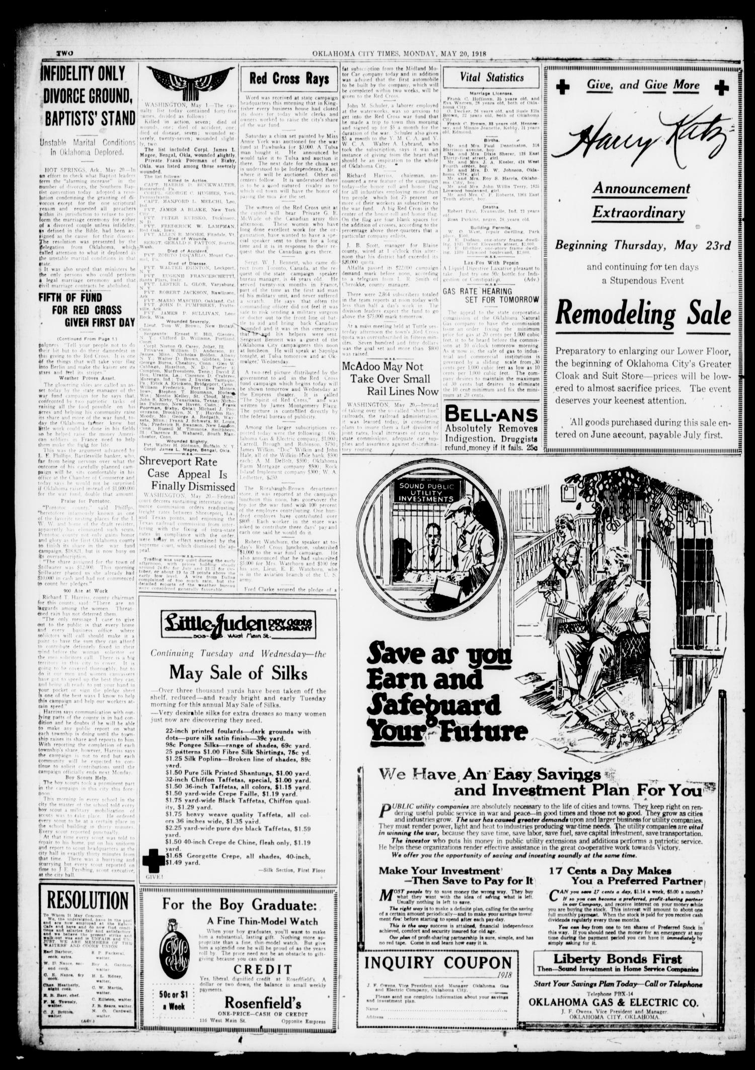 Oklahoma City Times (Oklahoma City, Okla.), Vol. 30, No. 43, Ed. 1 Monday, May 20, 1918
                                                
                                                    [Sequence #]: 2 of 16
                                                