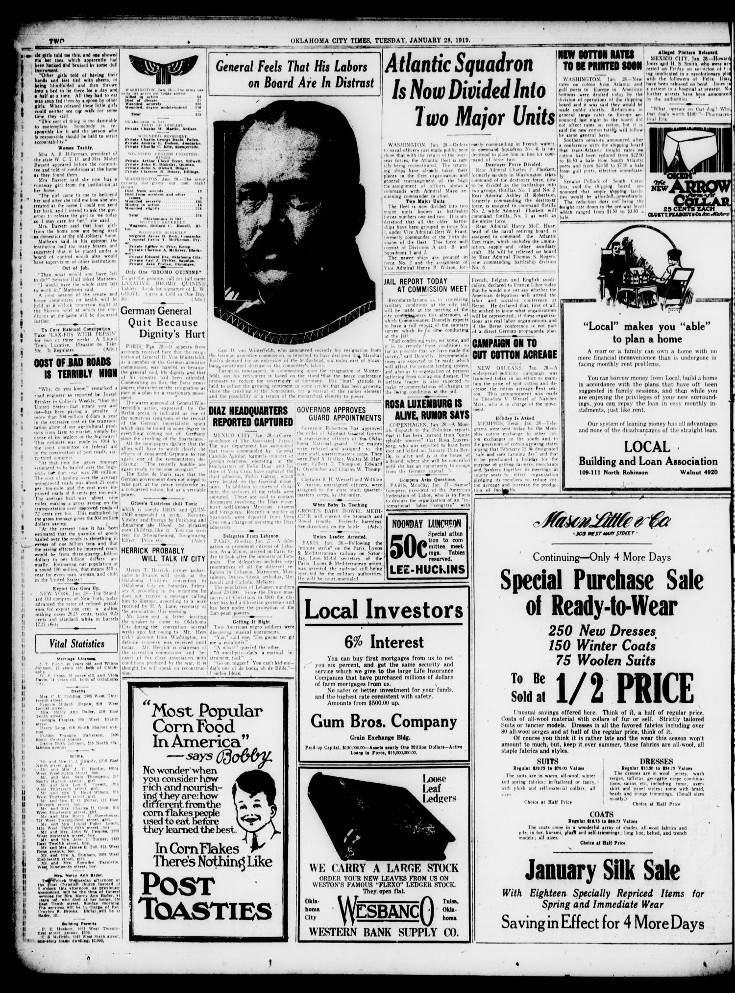 Oklahoma City Times (Oklahoma City, Okla.), Vol. 30, No. 257, Ed. 1 Tuesday, January 28, 1919
                                                
                                                    [Sequence #]: 2 of 14
                                                