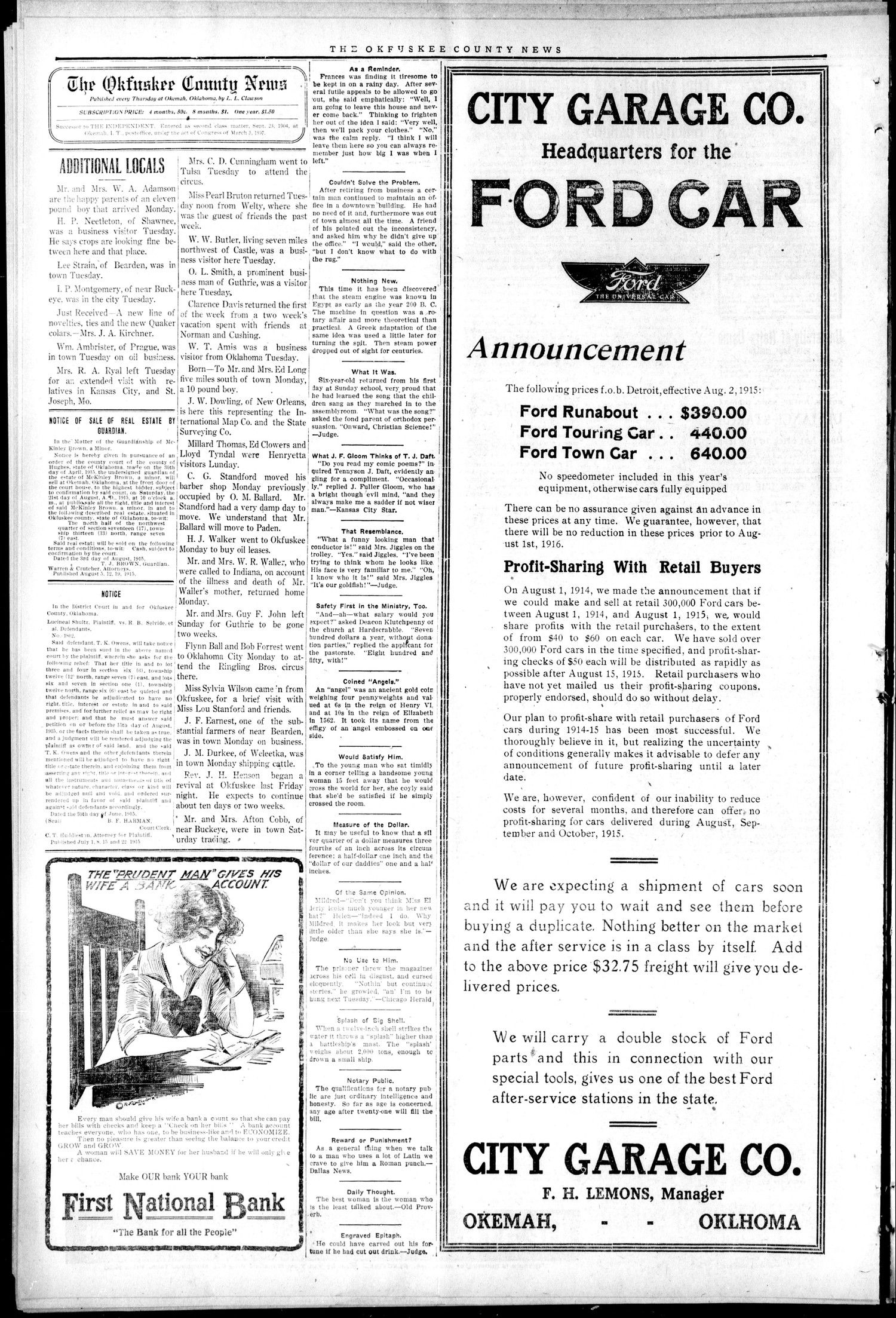 The Okfuskee County News (Okemah, Okla.), Vol. 11, No. 46, Ed. 1 Thursday, August 12, 1915
                                                
                                                    [Sequence #]: 4 of 8
                                                