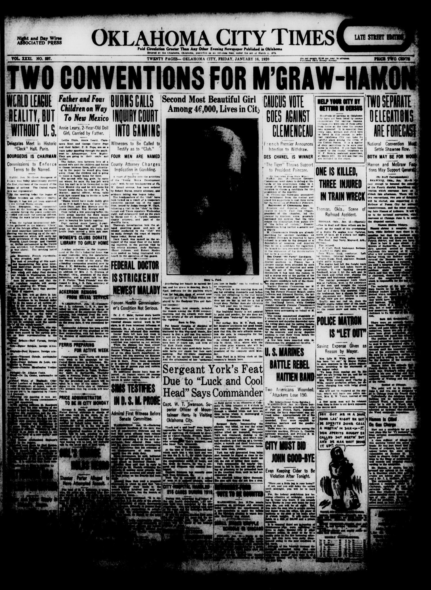 Oklahoma City Times (Oklahoma City, Okla.), Vol. 31, No. 237, Ed. 1 Friday, January 16, 1920
                                                
                                                    [Sequence #]: 1 of 20
                                                