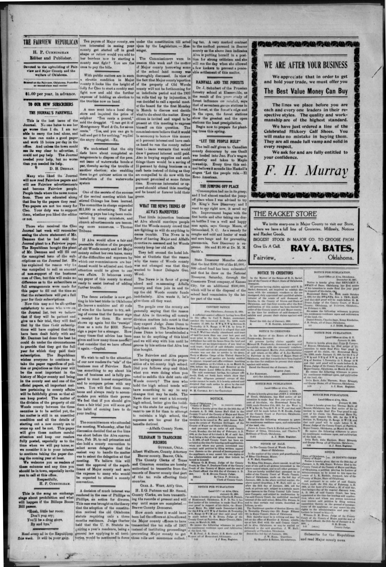 Fairview Republican. (Fairview, Okla.), Vol. 8, No. 20, Ed. 1 Friday, February 7, 1908
                                                
                                                    [Sequence #]: 4 of 12
                                                