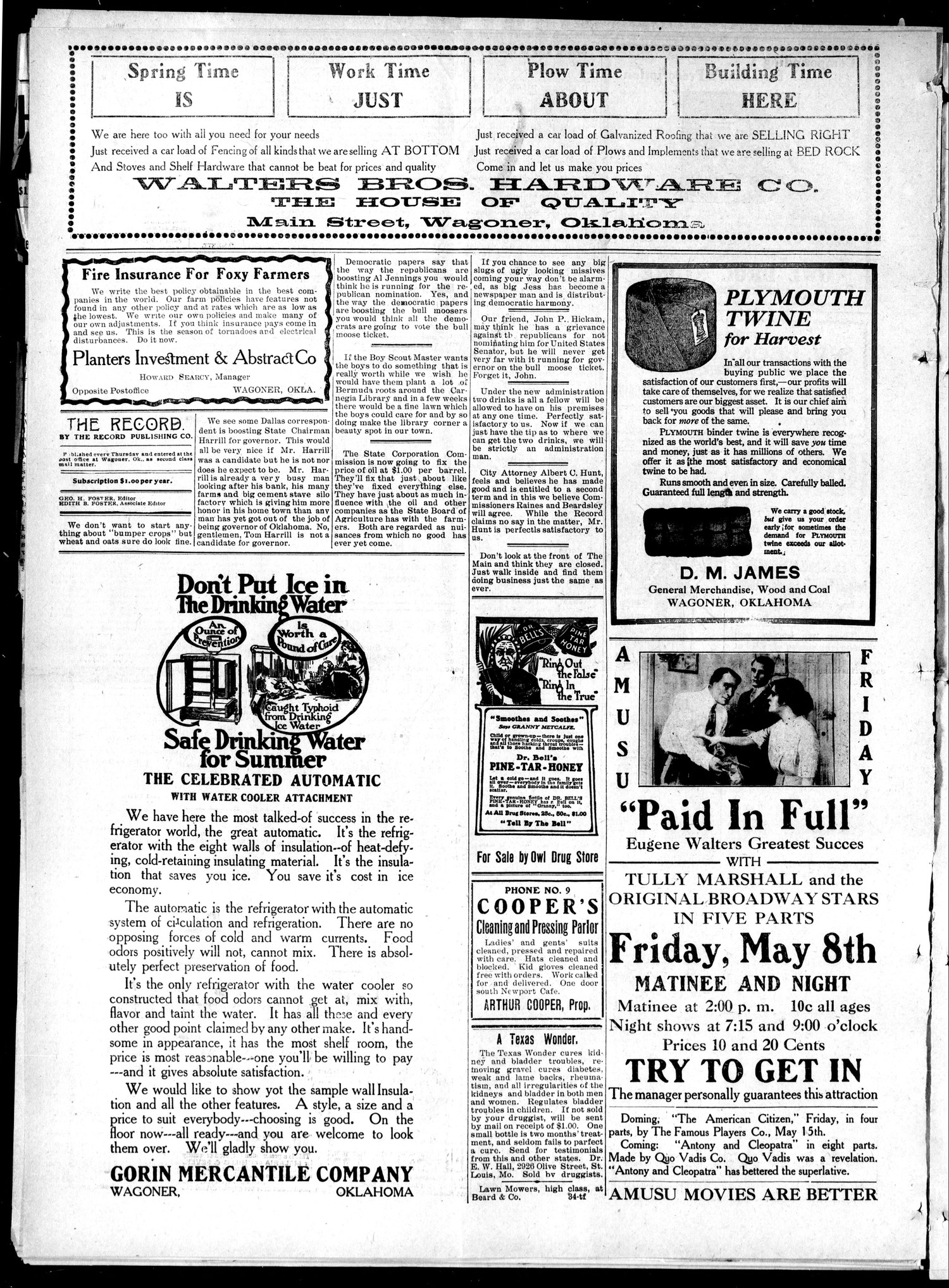 Wagoner County Record (Wagoner, Okla.), Vol. 22, No. 37, Ed. 1 Thursday, May 7, 1914
                                                
                                                    [Sequence #]: 4 of 8
                                                