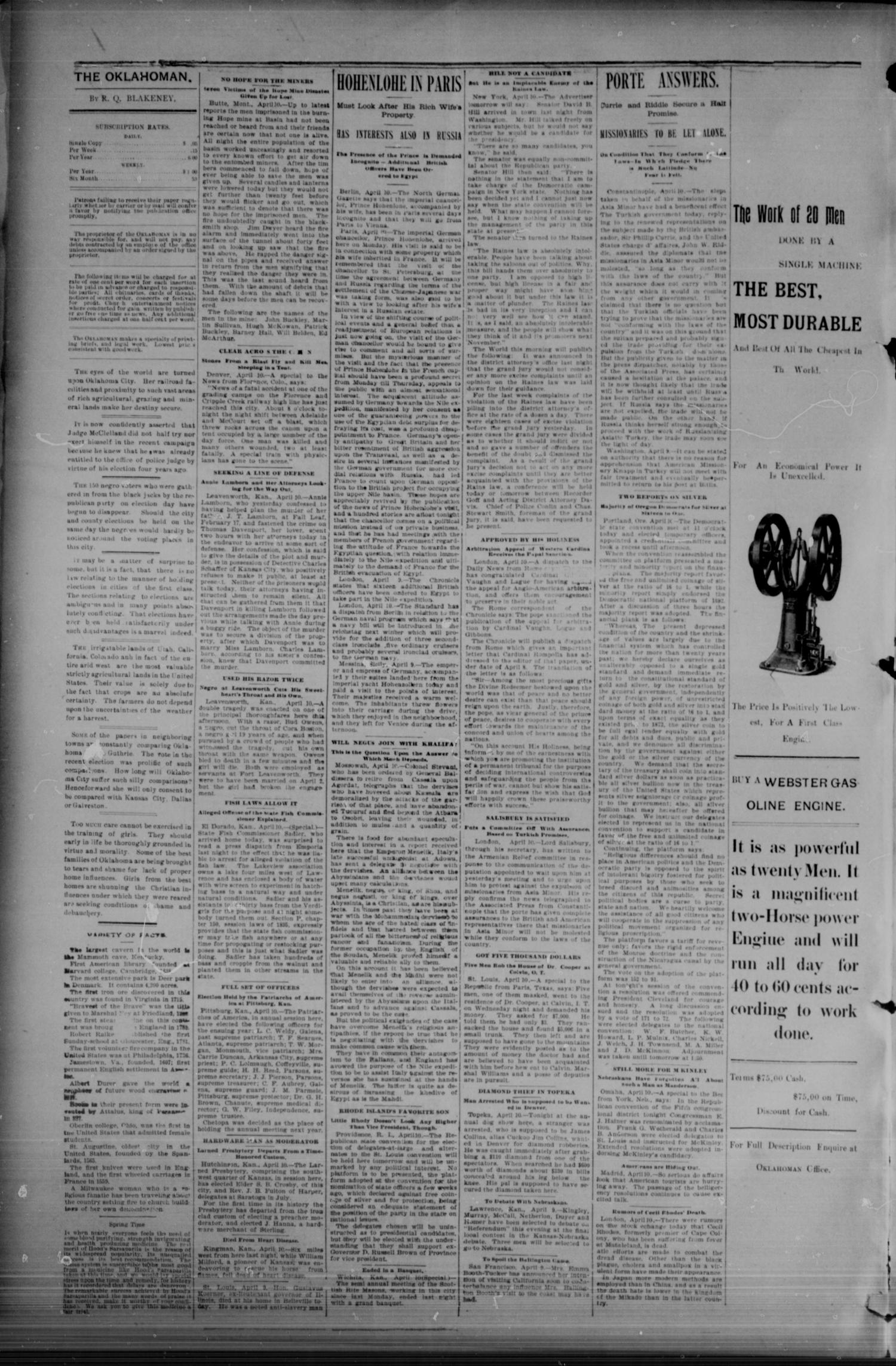 The Daily Oklahoman (Oklahoma City, Okla.), Vol. 8, No. 87, Ed. 1 Saturday, April 11, 1896
                                                
                                                    [Sequence #]: 2 of 4
                                                